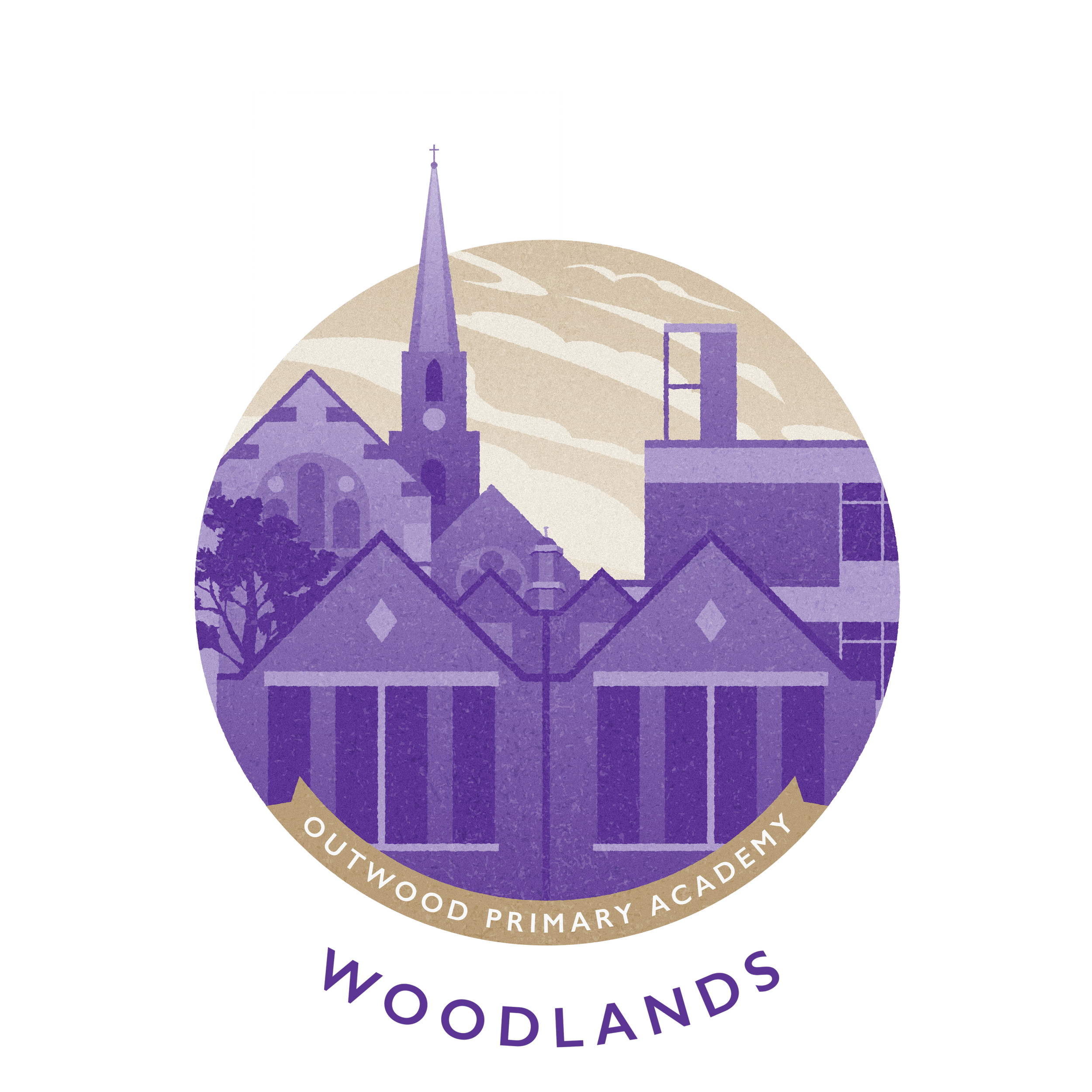 A circular logo featuring a stylized illustration of buildings including a church with a tall steeple, trees, and modern structures, with the text 'Outwood Primary Academy' and 'Woodlands'.