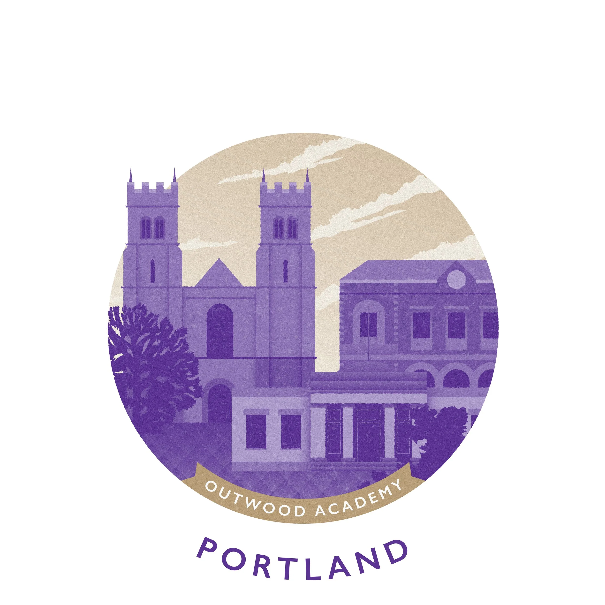 Illustration of a church with two steeples and a building, trees in foreground, beige sky with clouds, purple tone, with "Outwood Academy" label and "Portland" text.
