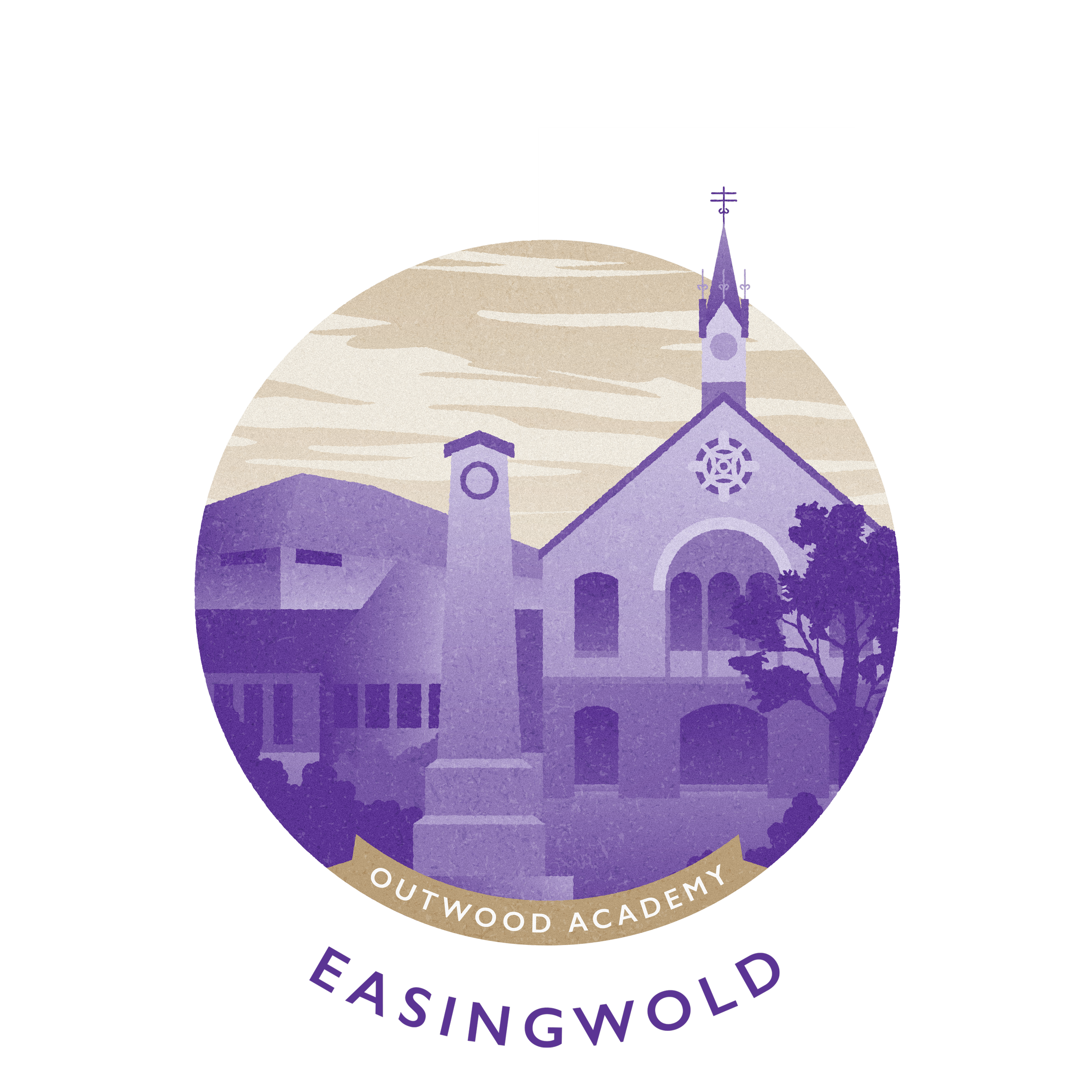 A circular logo with a purple and beige color scheme depicting a church building with a steeple, trees, and a cloudy sky. The logo has the text 'OUTWOOD ACADEMY' at the bottom and 'EASINGWOLD' underneath.
