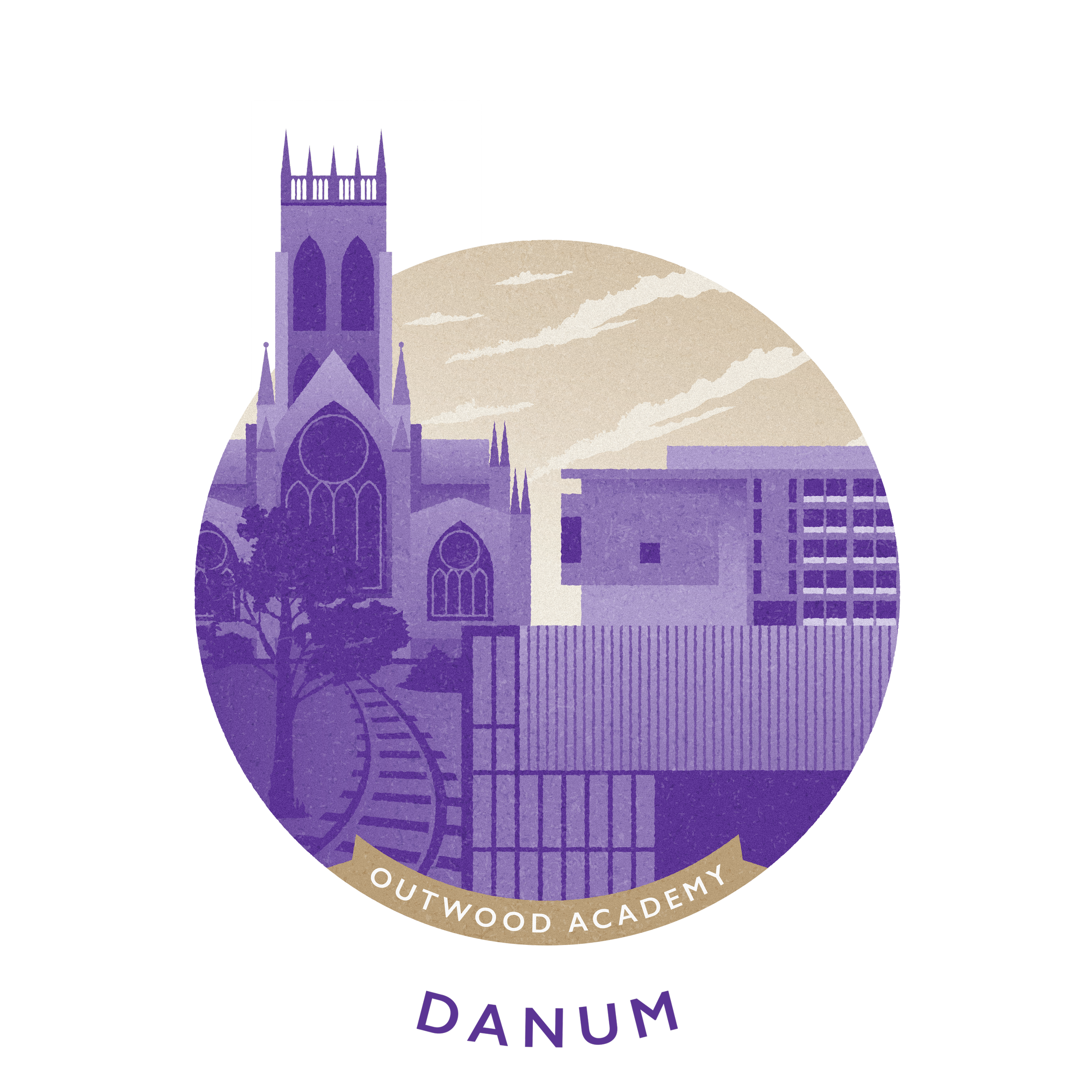 Circular logo of Outwood Academy Danum featuring a stylized church with tall spire, buildings, trees, railway tracks, and a cloudy sky in purple tones with beige accents.