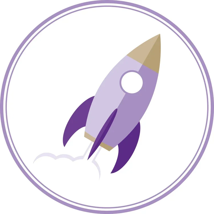 A cartoon illustration of a rocket ship with purple fins and a beige nose cone, taken off with smoke coming out of the engine, inside a circular border.