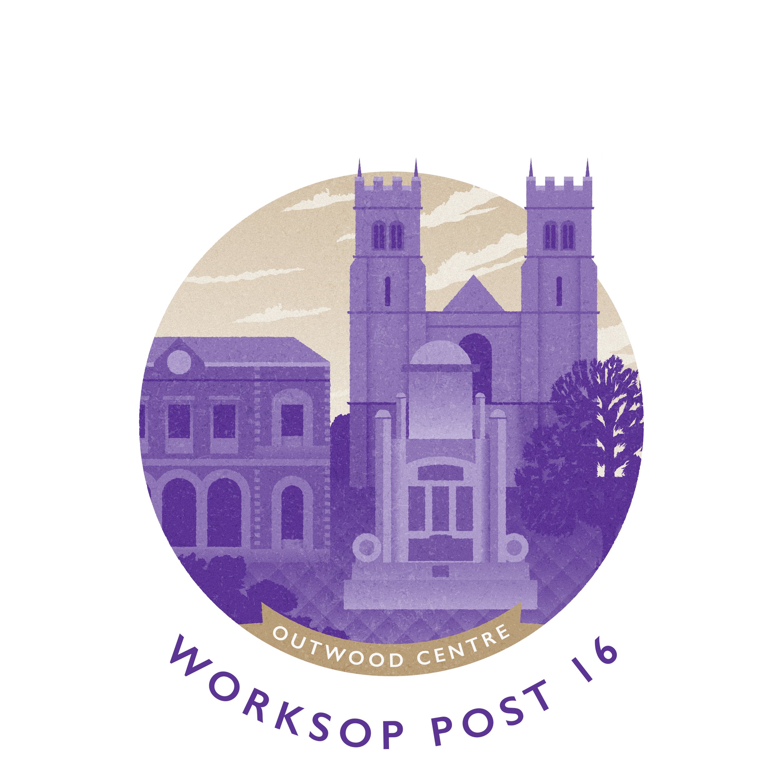 Illustration of Outwood Centre with a large dual-tower building, smaller surrounding buildings, trees, and a sky with clouds, in purple and beige tones, with text "WORKSHOP POST 16" below.