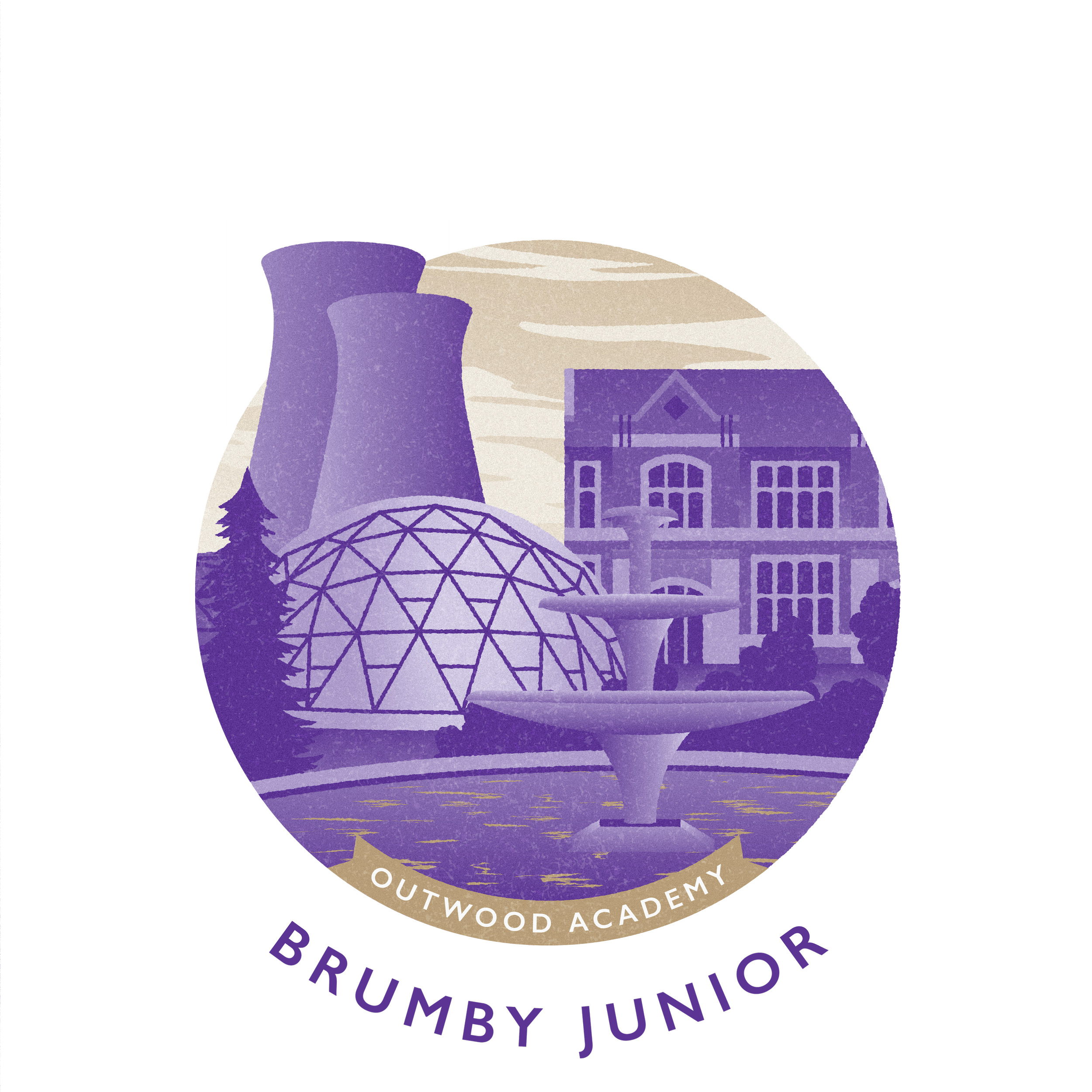 A circular emblem with a purple and beige color scheme depicting a school building, a geodesic dome, cooling towers, and a fountain, with text reading "Outwood Academy" and "Brumby Junior."