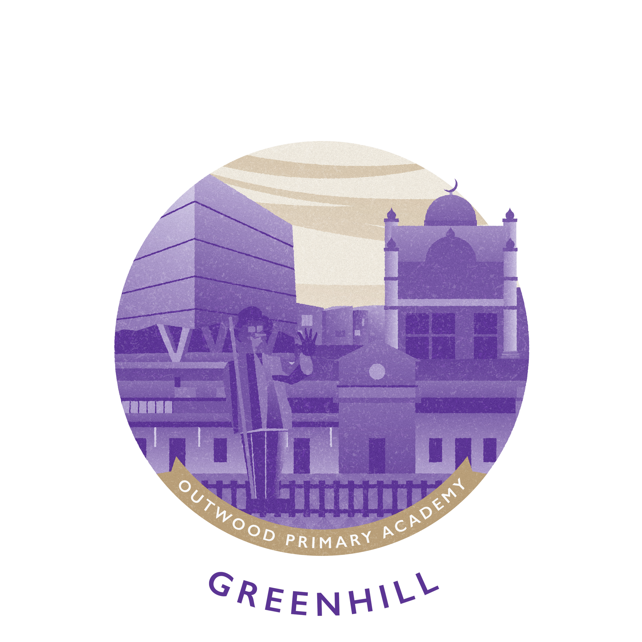 A circular badge showing a cityscape with modern and historic buildings, including a church with a dome. Text on the badge reads 'Outwood Primary Academy' and 'Greenhill'.