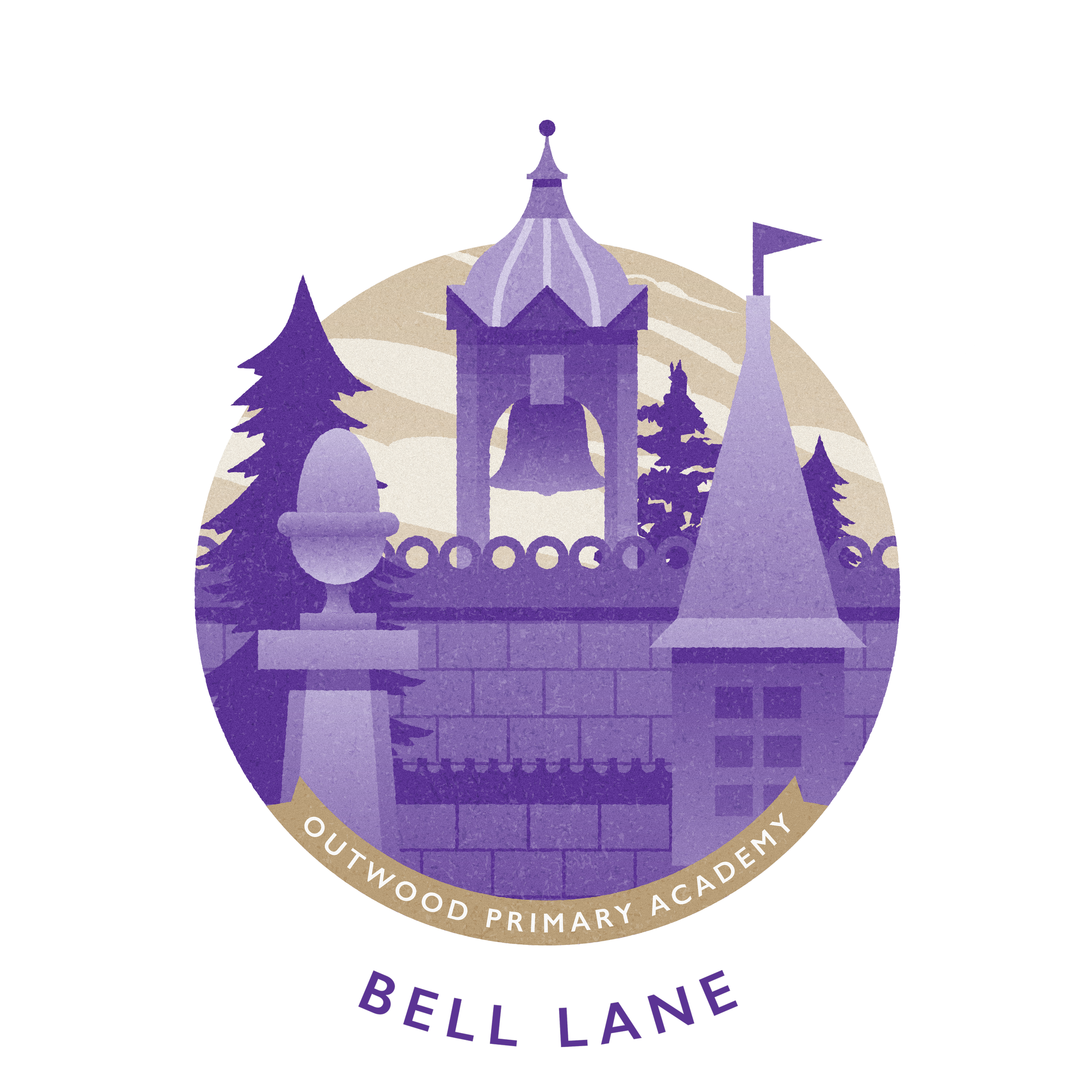 Logo of Outwood Primary Academy Bell Lane featuring a purple silhouette of a castle with a bell tower, trees, and a flag, with text "Outwood Primary Academy" and "Bell Lane".
