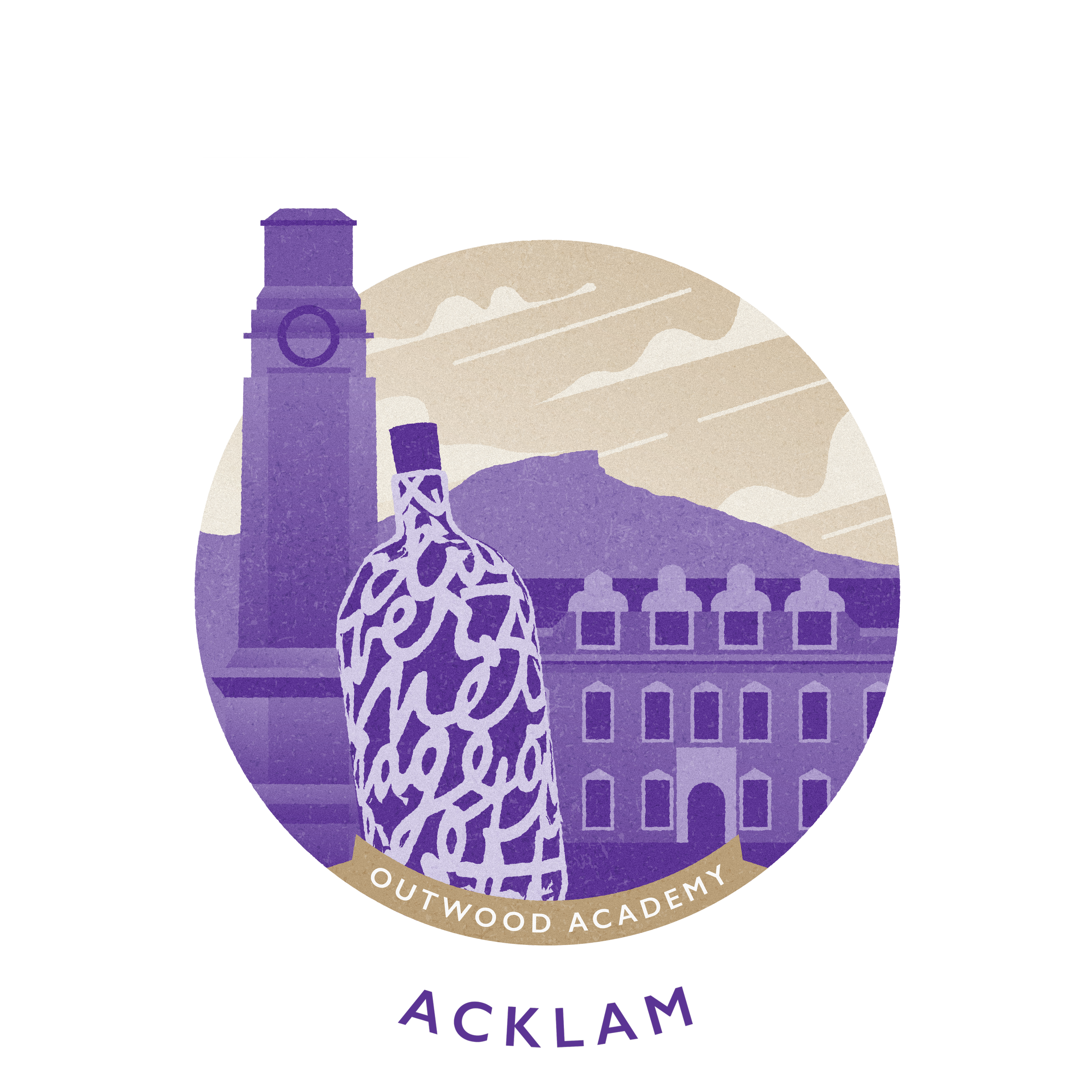 Illustration of a bottle, a clock tower, a historic building, and mountains in the background, with circular shape and purple and beige color scheme, labeled 'Outwood Academy'