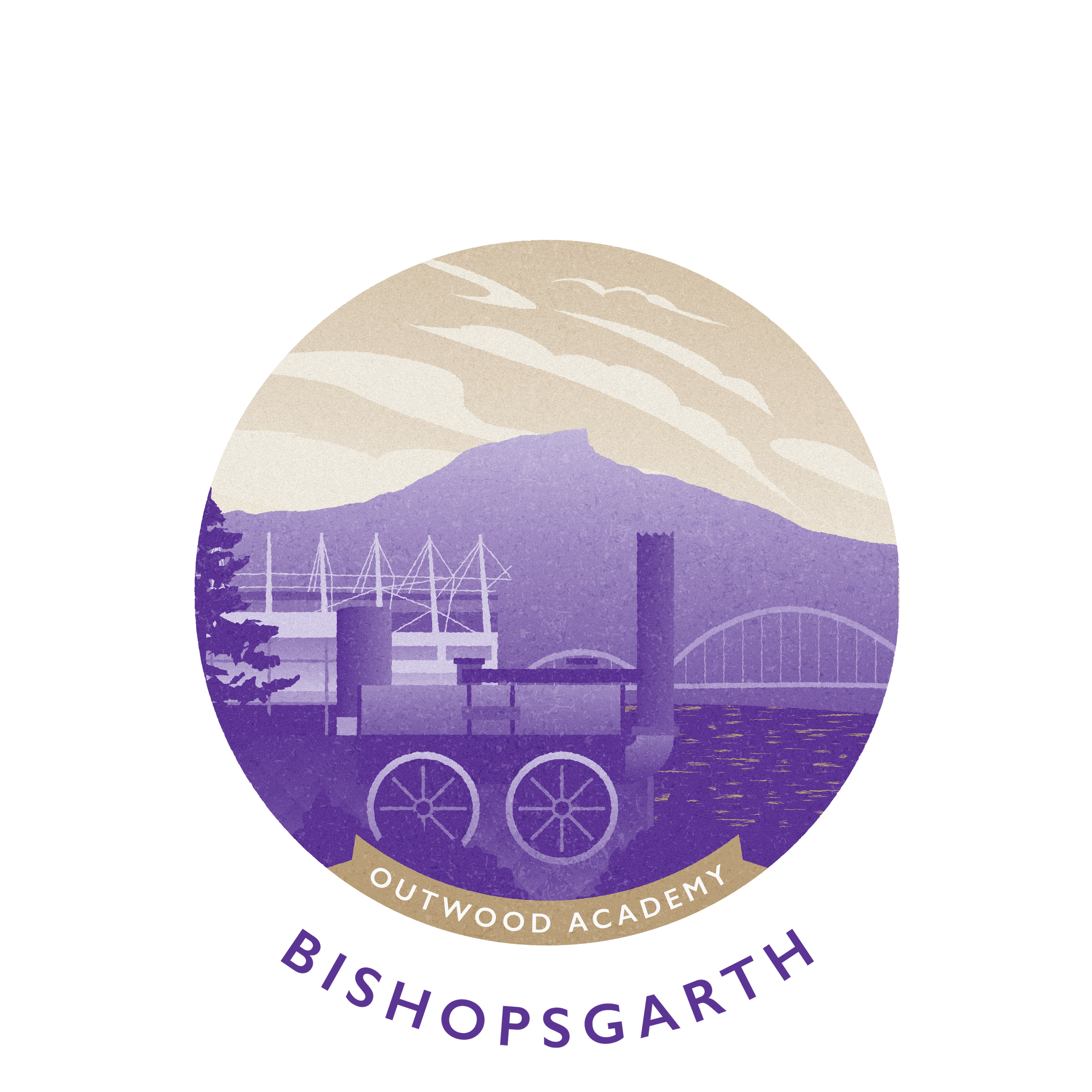 A circular graphic with a mountain and bridge in the background, a purple steam locomotive in the foreground, and the text 'OUTWOOD ACADEMY' at the bottom. The outer ring displays the words 'BISHOPSGARTH' at the bottom.