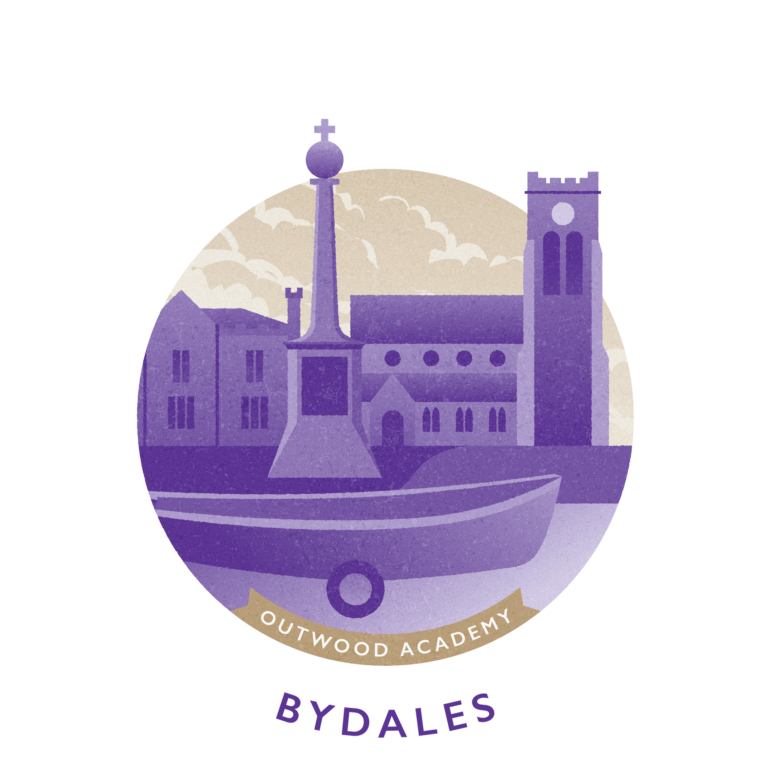 Illustration of a church with a tall steeple, clock tower, and surrounding buildings, with a boat at the forefront, and the text 'Outwood Academy Bydales' at the bottom.