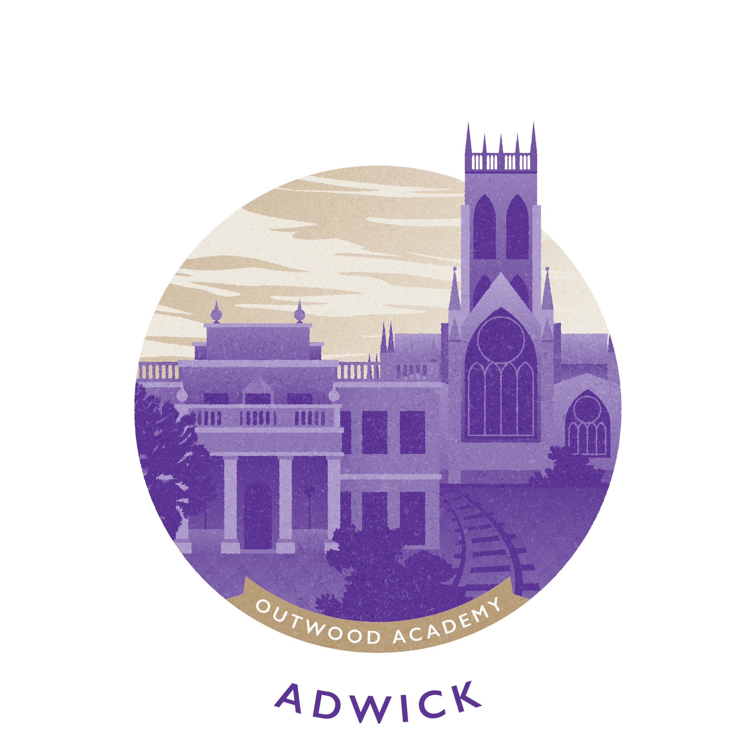 A circular logo featuring an illustration of a church with a tall steeple and modern building, set against a sky with clouds, and the text "Outwood Academy" at the bottom of the circle with the word "Adwick" underneath.