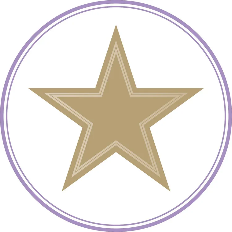 A gold star inside a circle with purple and lavender borders.