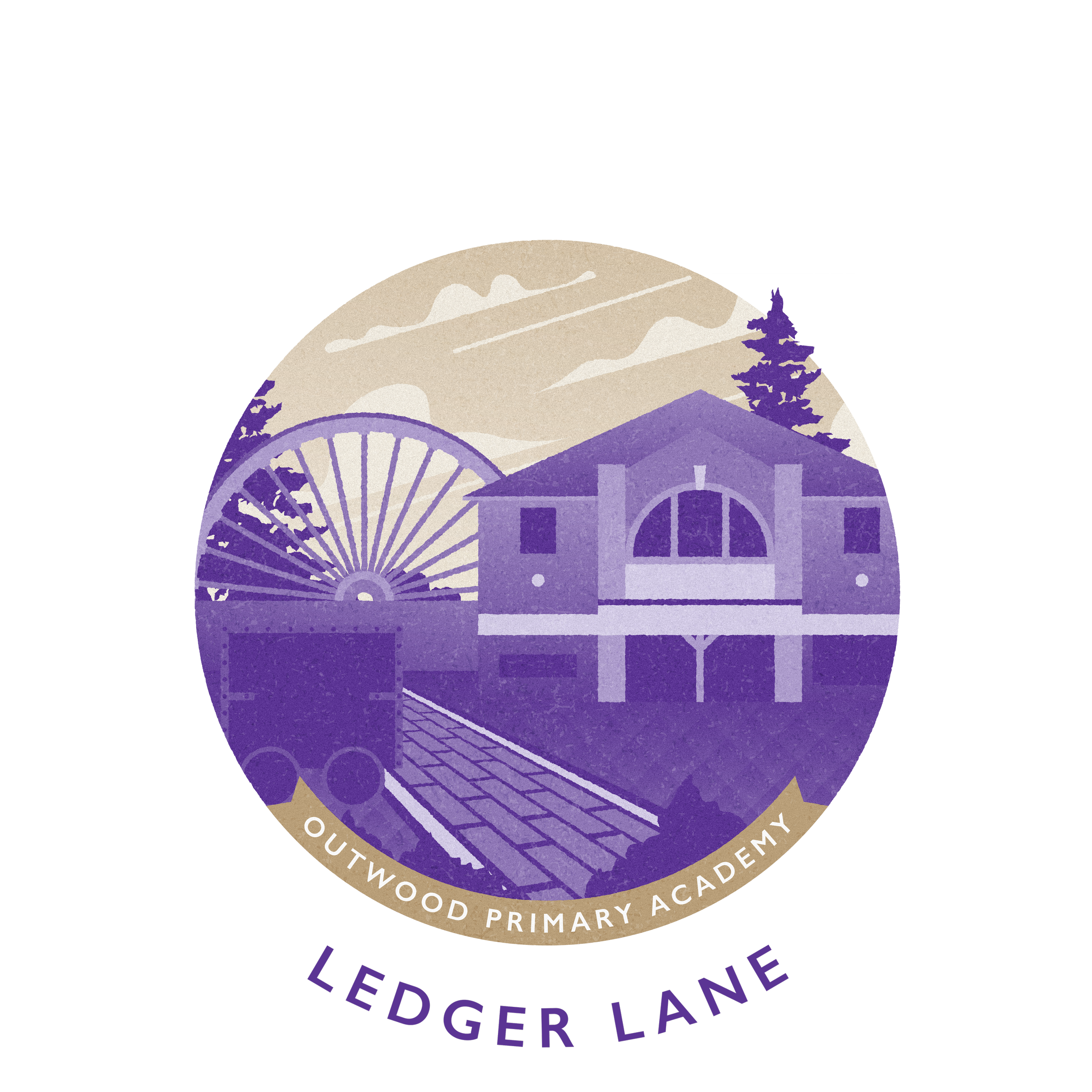 Illustration of Outwood Primary Academy, featuring a building, a Ferris wheel, a train track, and trees, with a cloudy sky in the background. Text at the bottom says 'Ledger Lane'.