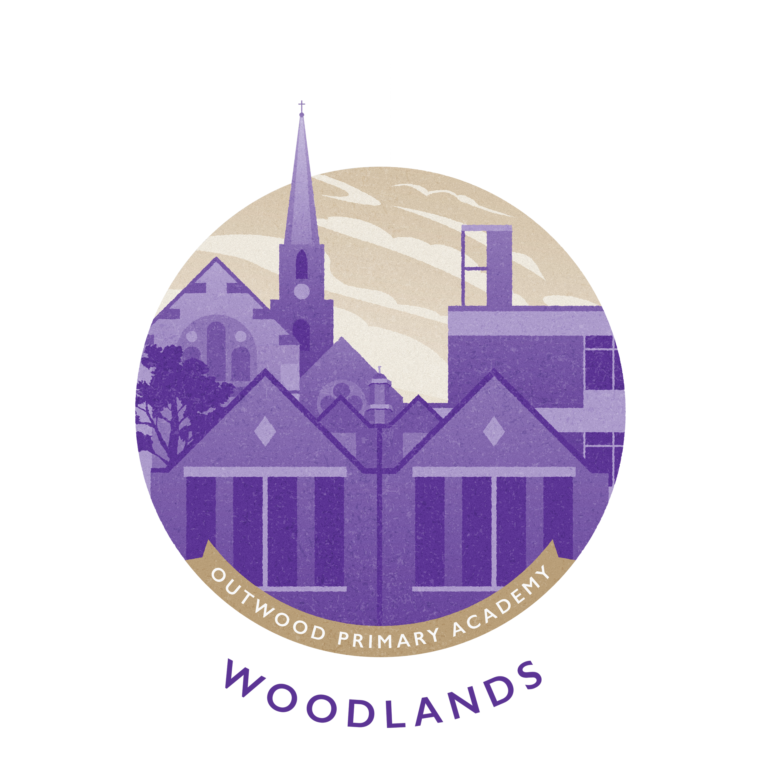 Logo of Outwood Primary Academy Woodlands featuring stylized purple church and buildings with trees, under a cloudy sky.
