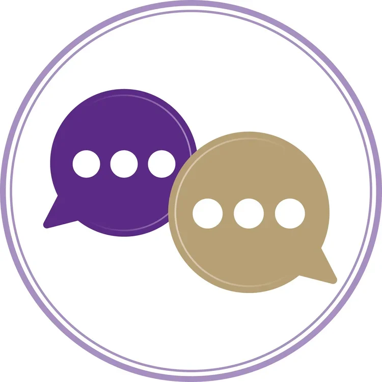 Two speech bubbles, one purple and one beige, with three dots inside each, illustrating a conversation or chat icon.