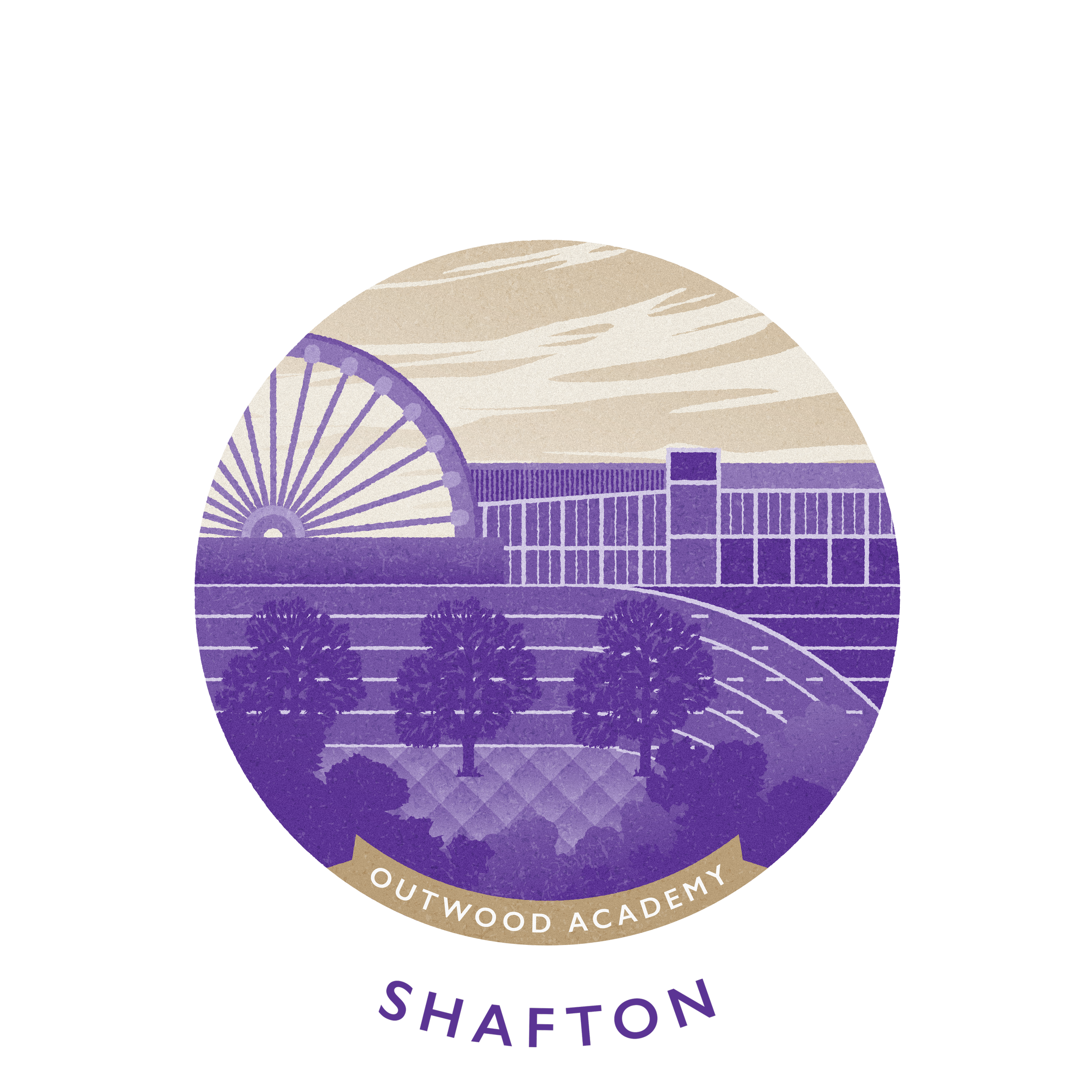 Logo of Outwood Academy Shafton featuring a purple and beige circular design with a Ferris wheel, modern building, trees, and the school's name.