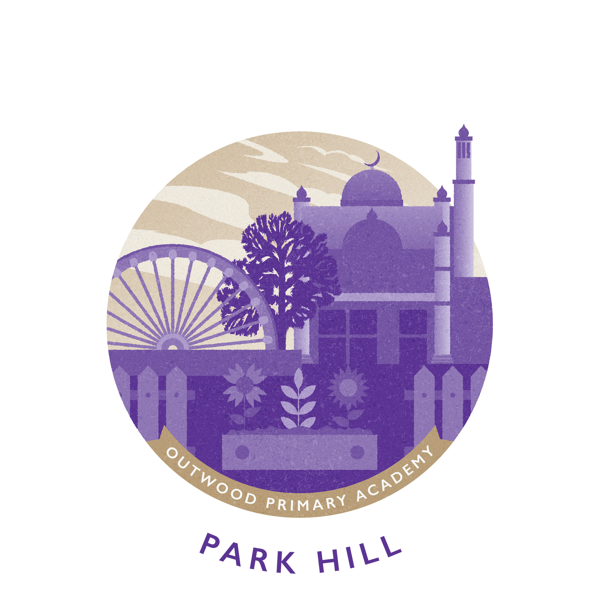 A circular logo for Outwood Primary Academy Park Hill, featuring a purple silhouette of a building with a dome and minaret, a tree, a Ferris wheel, flowers, and a crescent moon in the sky, with the school’s name along the bottom edge.