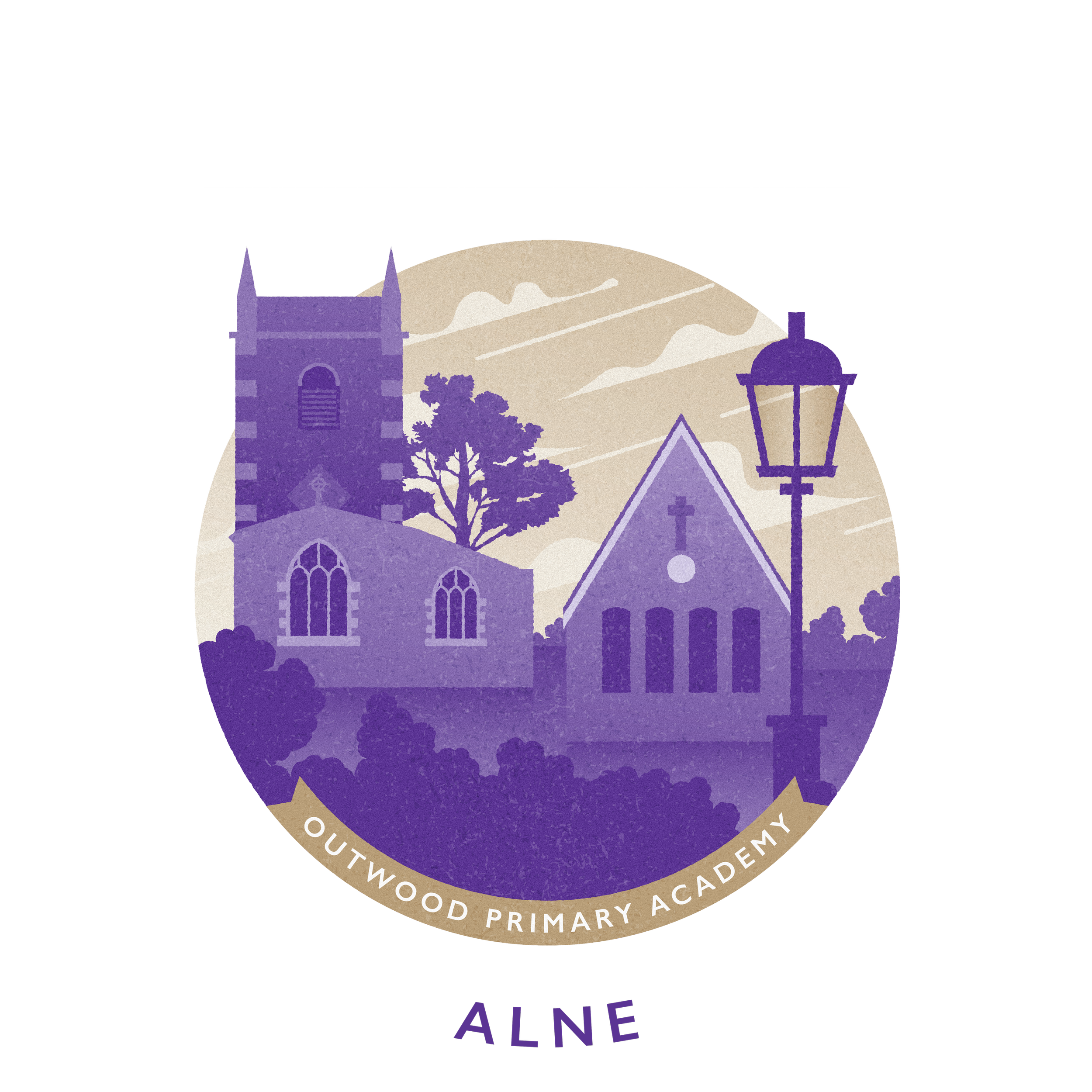 An illustrated logo of Outwood Primary Academy featuring a church with a steeple, a smaller building with crosses on its windows, a lamppost, trees, and a cloudy sky in the background, all in purple tones.