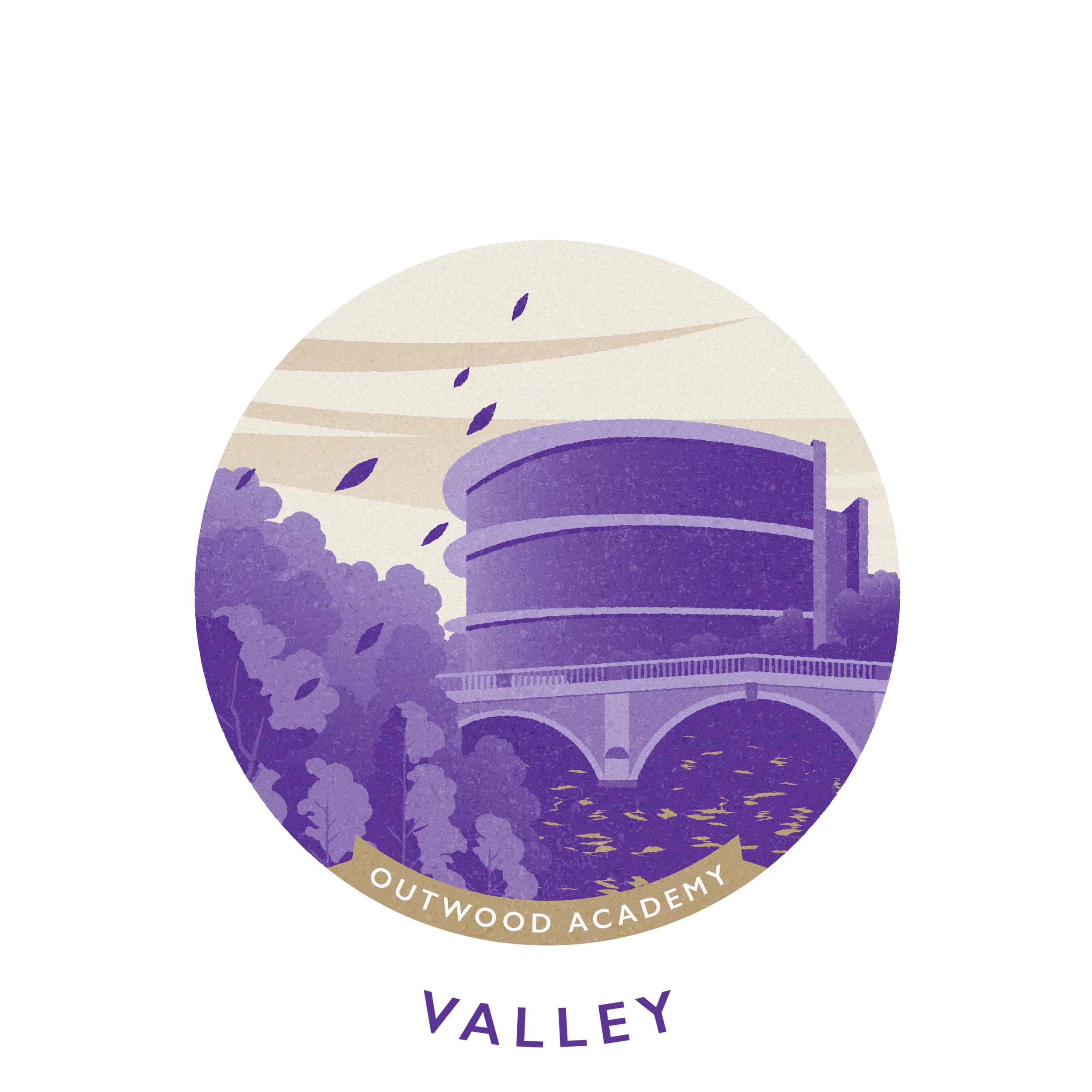 Illustration of a modern, circular building with purple tones, trees, and a bridge over water, with the text 'Outwood Academy Valley'.