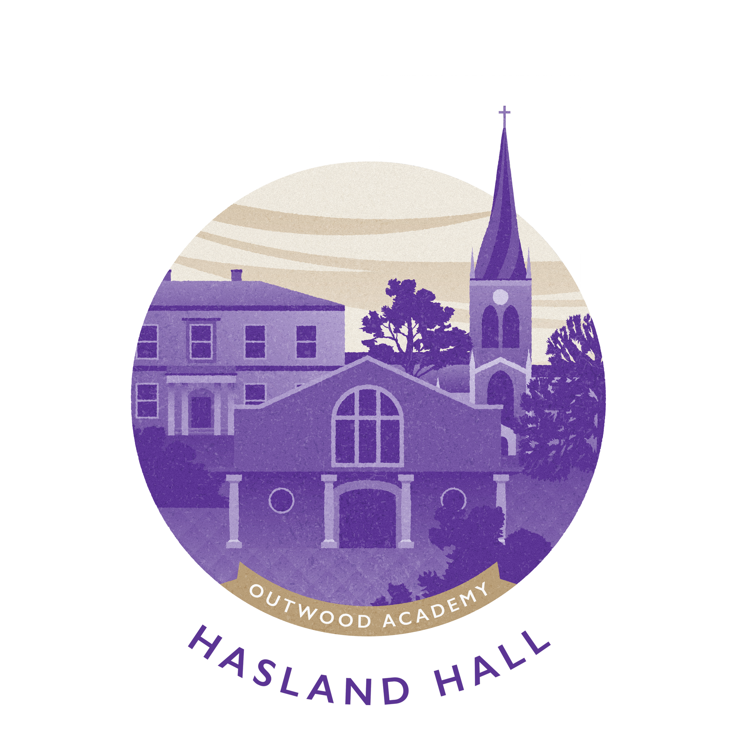 Illustration of a church, trees, and residential buildings in purple tones, with a beige sky in the background, labeled "Hasland Hall" and "Outwood Academy."