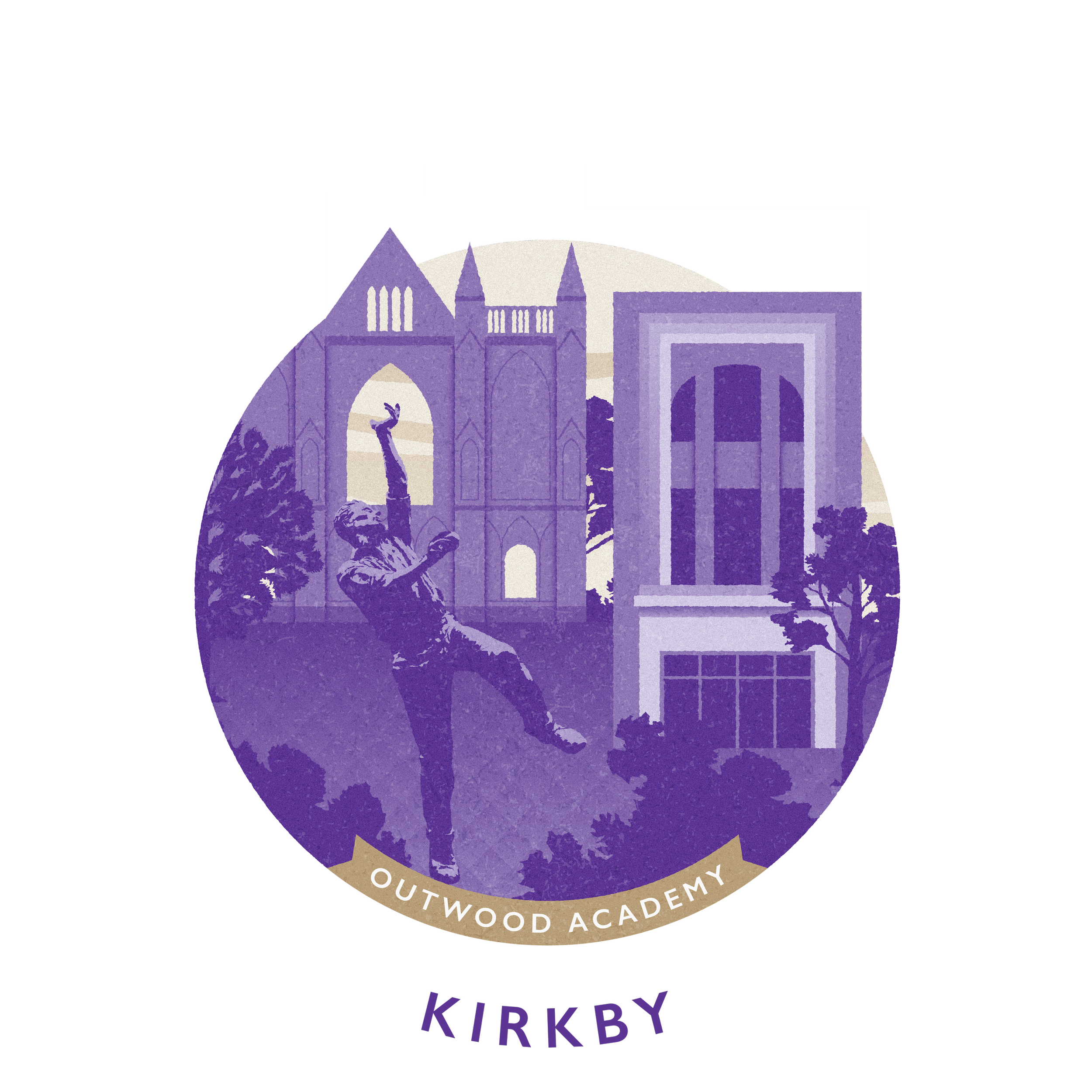 A circular logo for Outwood Academy Kirkby featuring a purple-toned illustration of a statue of a boy with one arm raised, buildings, and trees, with the name "Outwood Academy" and "Kirkby".