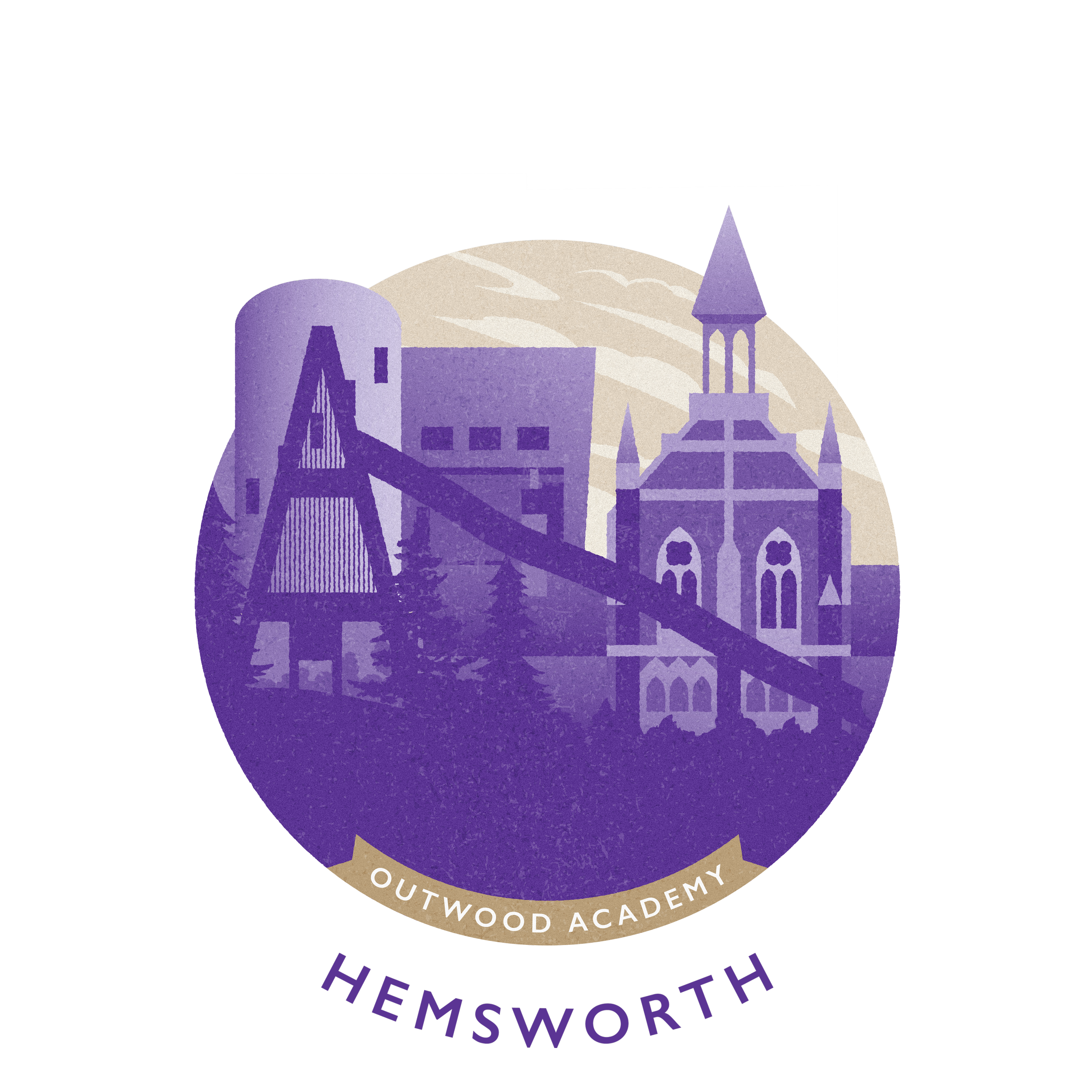 Illustration of a castle, a tall building, and a bridge, with trees and a moon in the background, representing Hemsworth Outwood Academy.