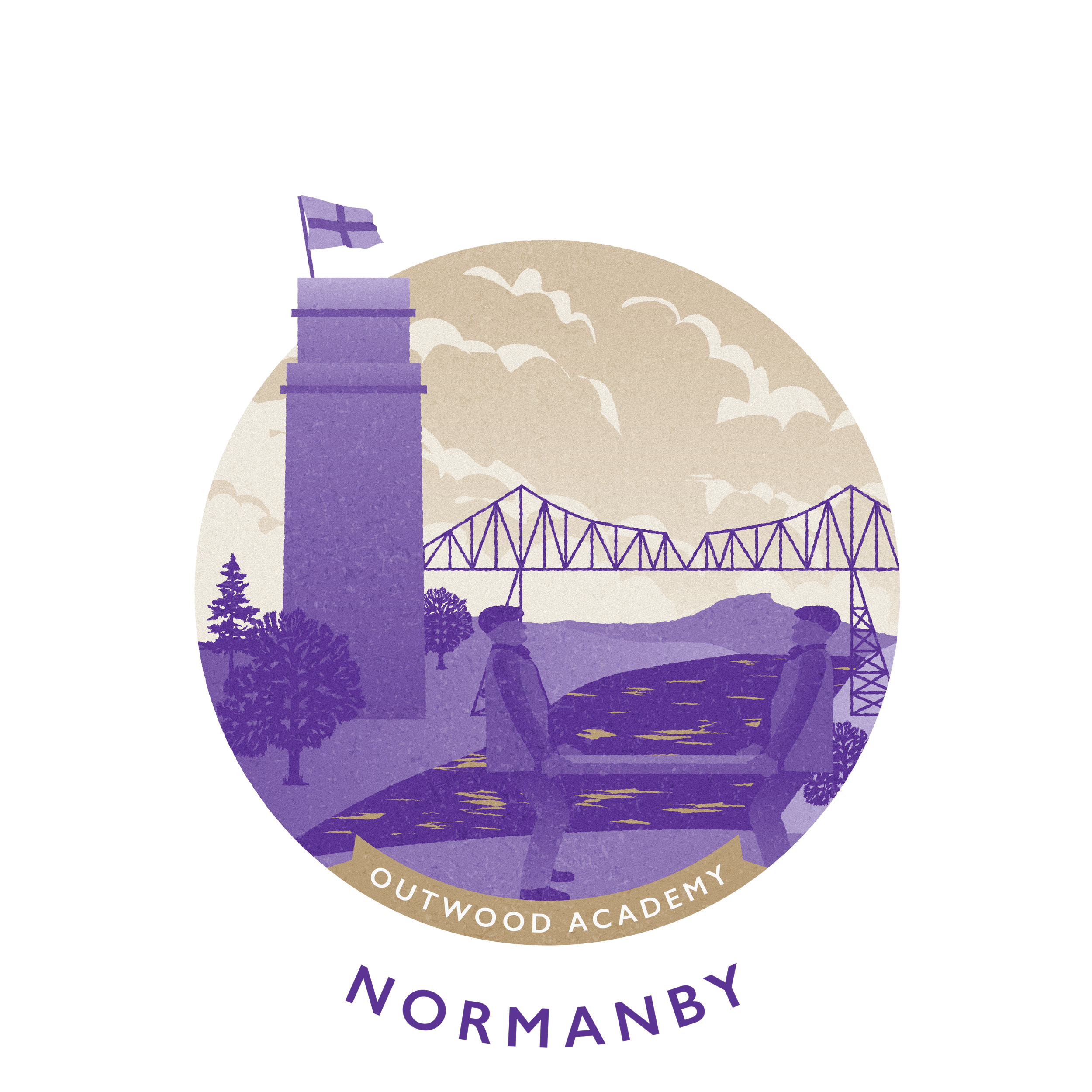 A circular logo for Outwood Academy Normanby featuring a purple bridge, a tower with a flag, trees, and two children sitting on a bench, with a cloudy sky.