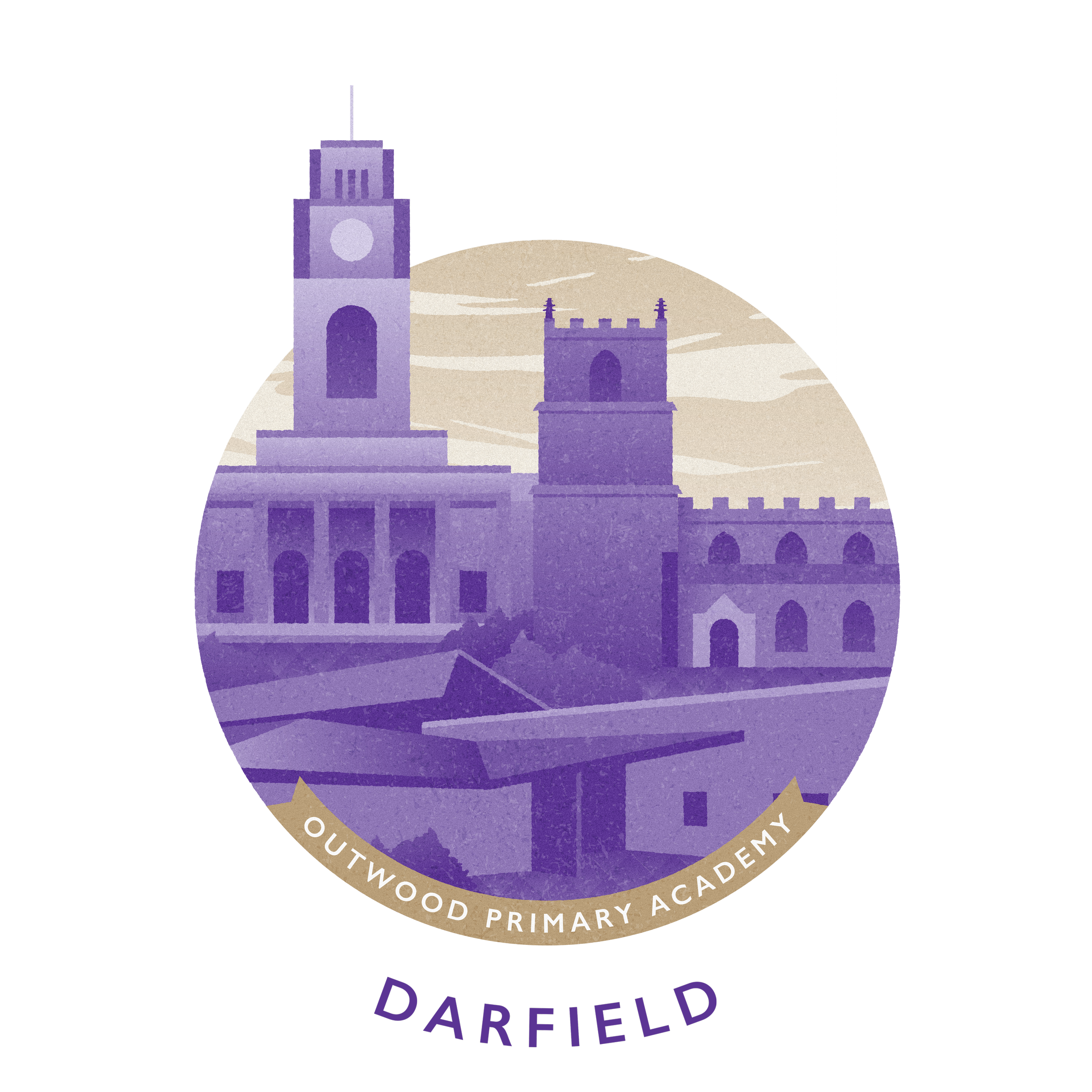Illustration of Darfield with a skyline featuring a clock tower and historic buildings. The image is in purple tones and includes the text "Outwood Primary Academy" and "Darfield."