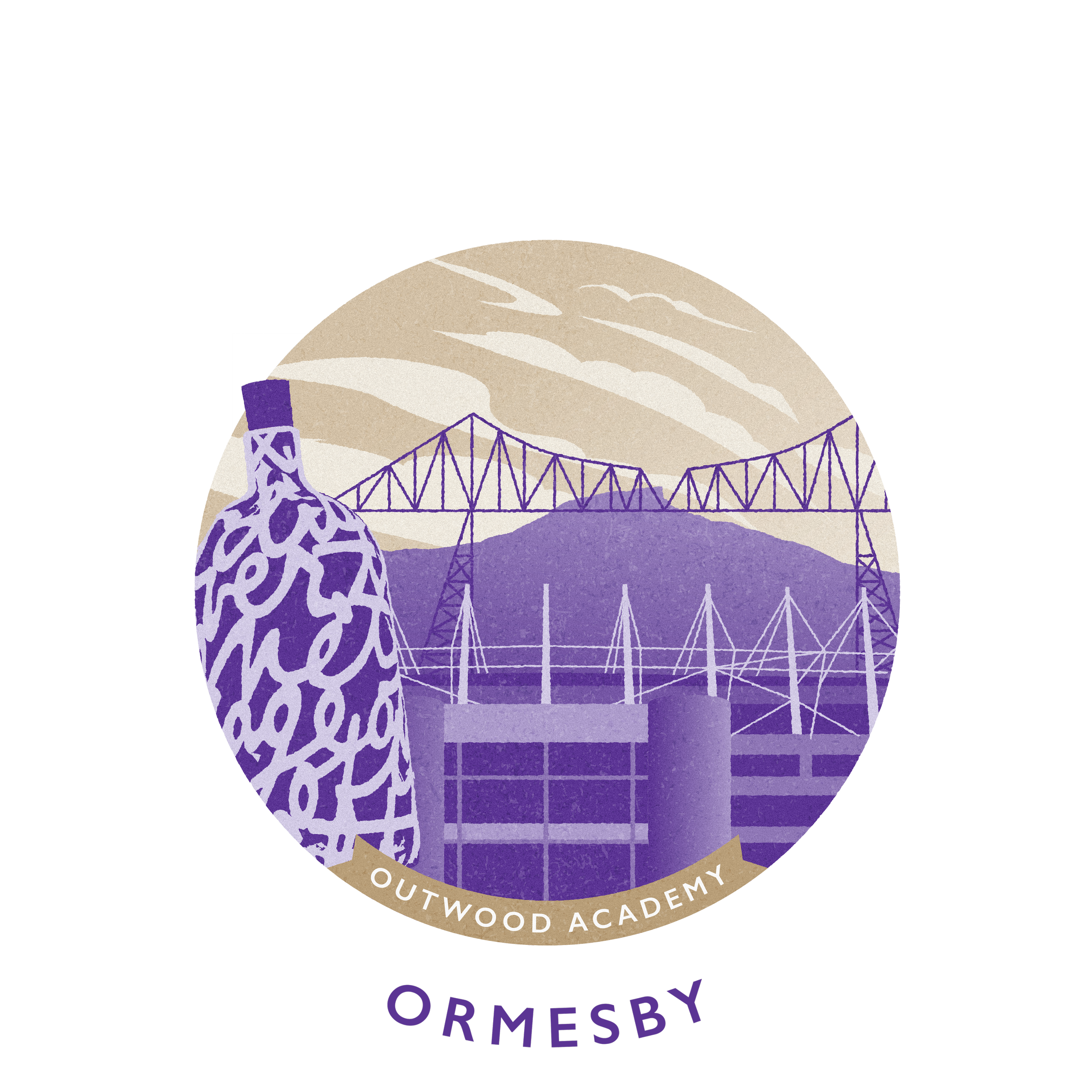 A circular illustration with a beige background, featuring a purple patterned bottle on the left, a bridge in the middle, and a purple landscape with hills in the background. The text 'OUTWOOD ACADEMY' appears at the bottom of the circle, and the wor