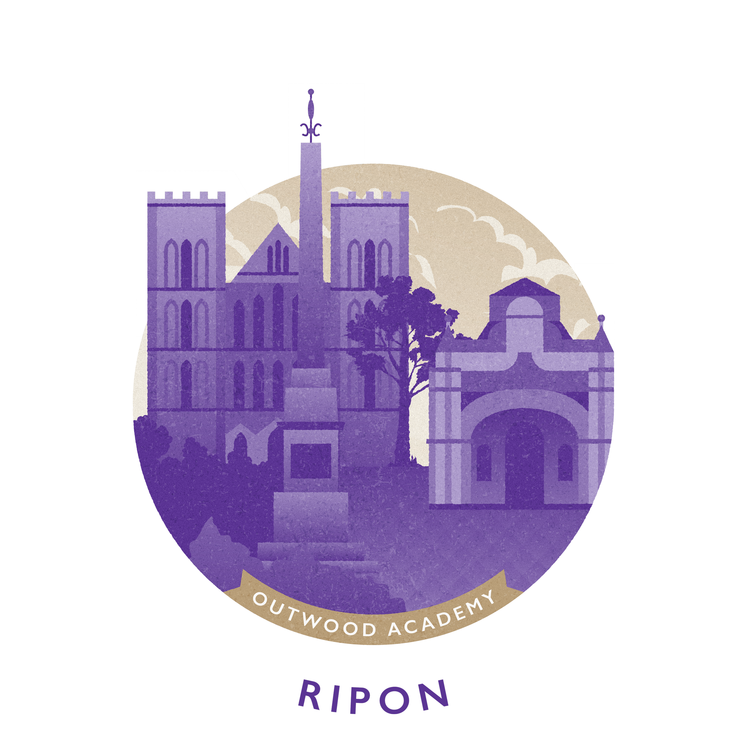 A circular emblem featuring a stylized purple illustration of a castle with a tall tower and arched entrance, and a tree in the foreground. The background shows clouds and a mountain, with 