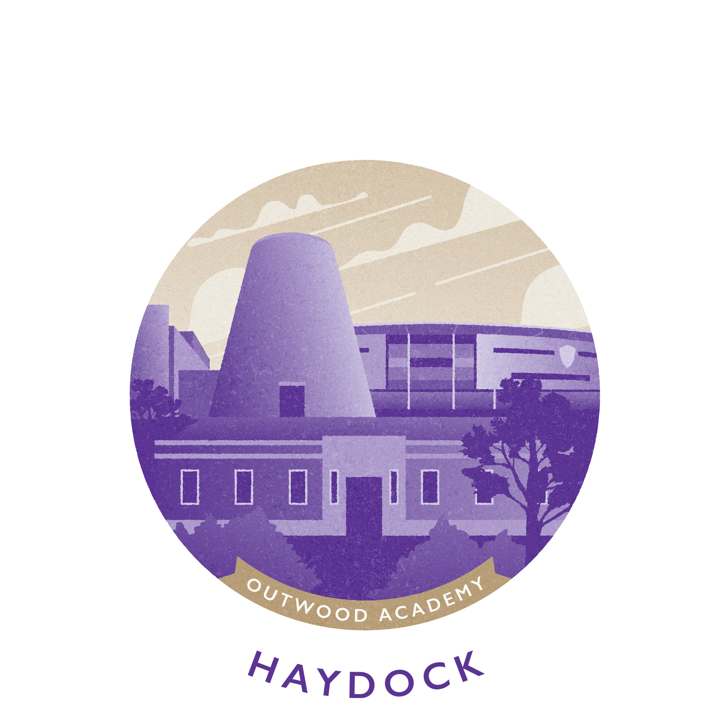Illustration of Outwood Academy Haydock with modern school buildings and a large cooling tower in pastel purple, beige, and white tones.