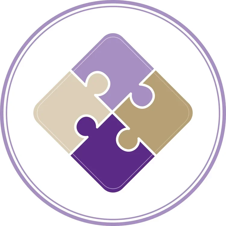 A circular logo with a four-piece puzzle in shades of purple, beige, and gold, arranged to form a diamond shape.