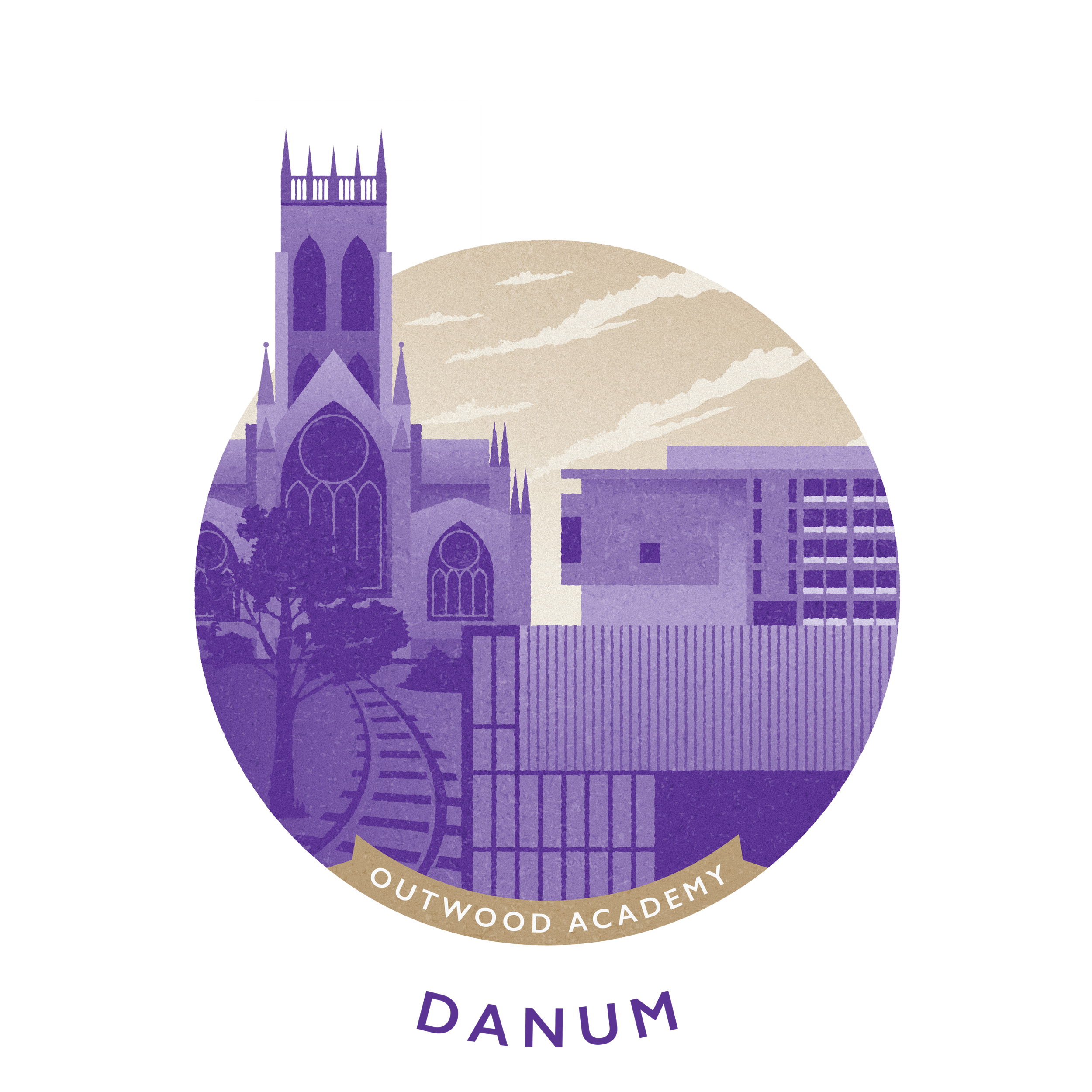 Illustration of a purple church with pointed towers and stained glass windows, set against a beige moonlit sky. The scene includes trees, train tracks, and a modern building in the background. The logo is for Outwood Academy Danum.