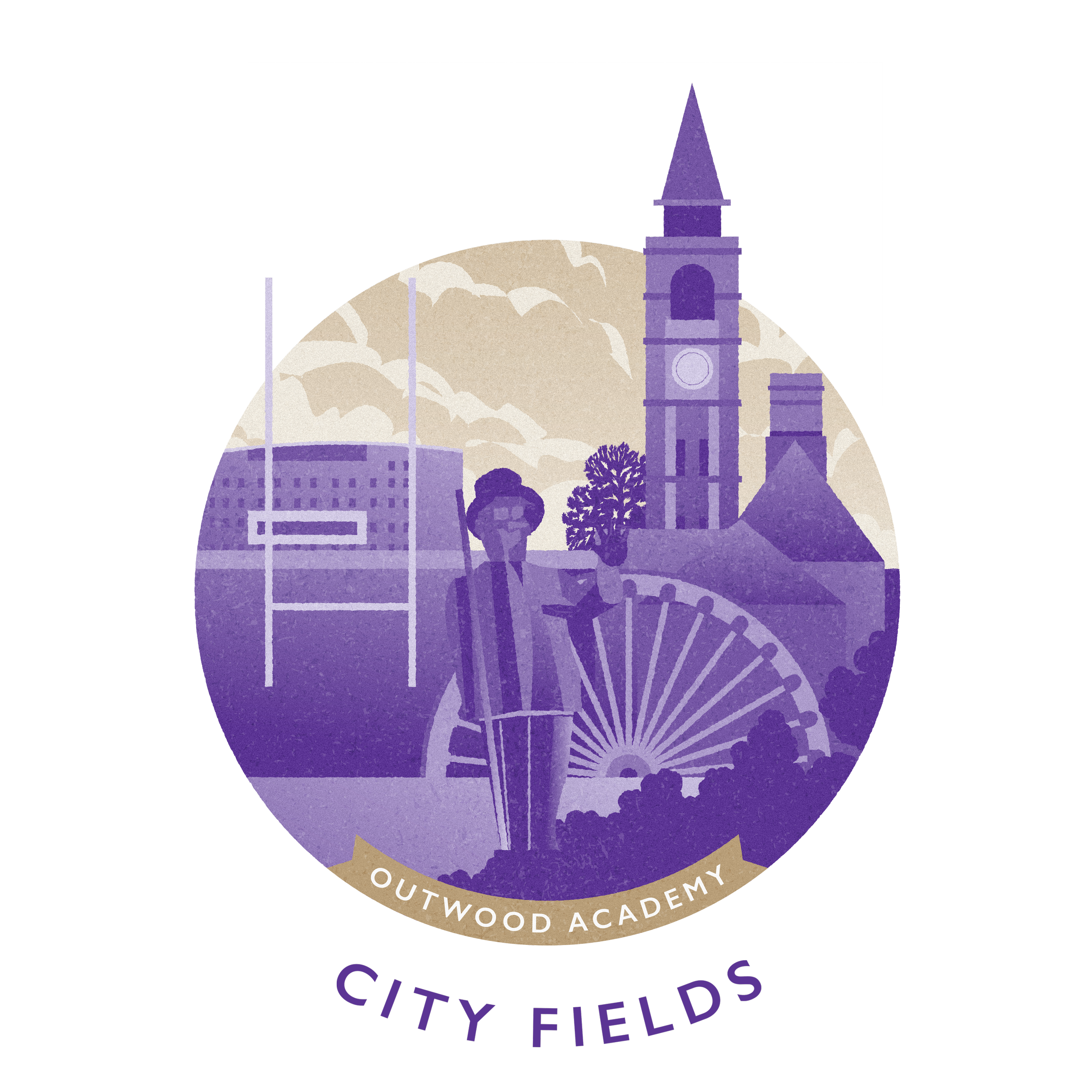 A circular logo featuring a woman in vertical stripes standing in front of city landmarks, including a Ferris wheel, a church with a tall clock tower, and tall buildings, with clouds in the sky. The words "Outwood Academy" and "City Fields" are prese