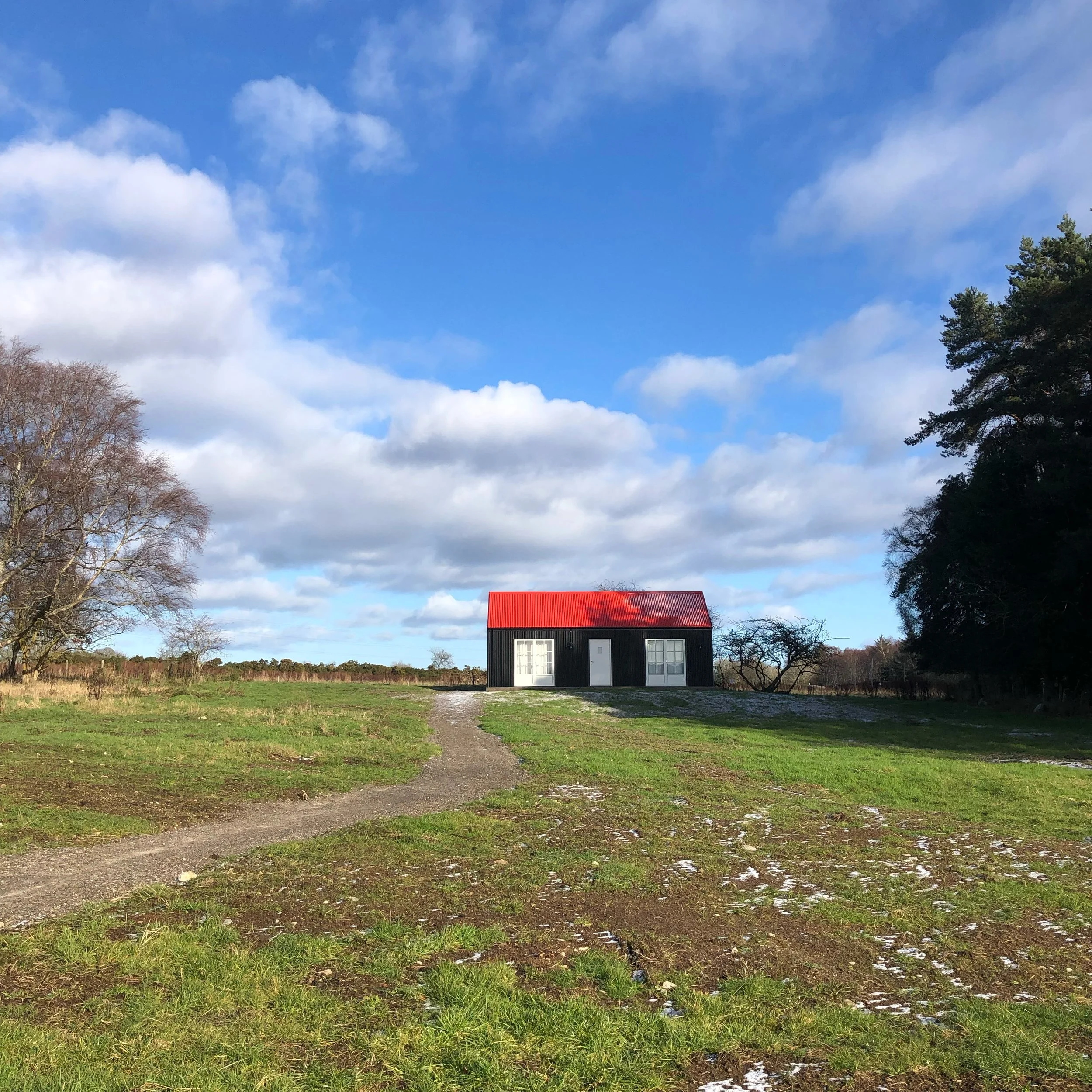 newly seeded wildflower meadow black tin cabin red roof blue sky Scottish Highlands