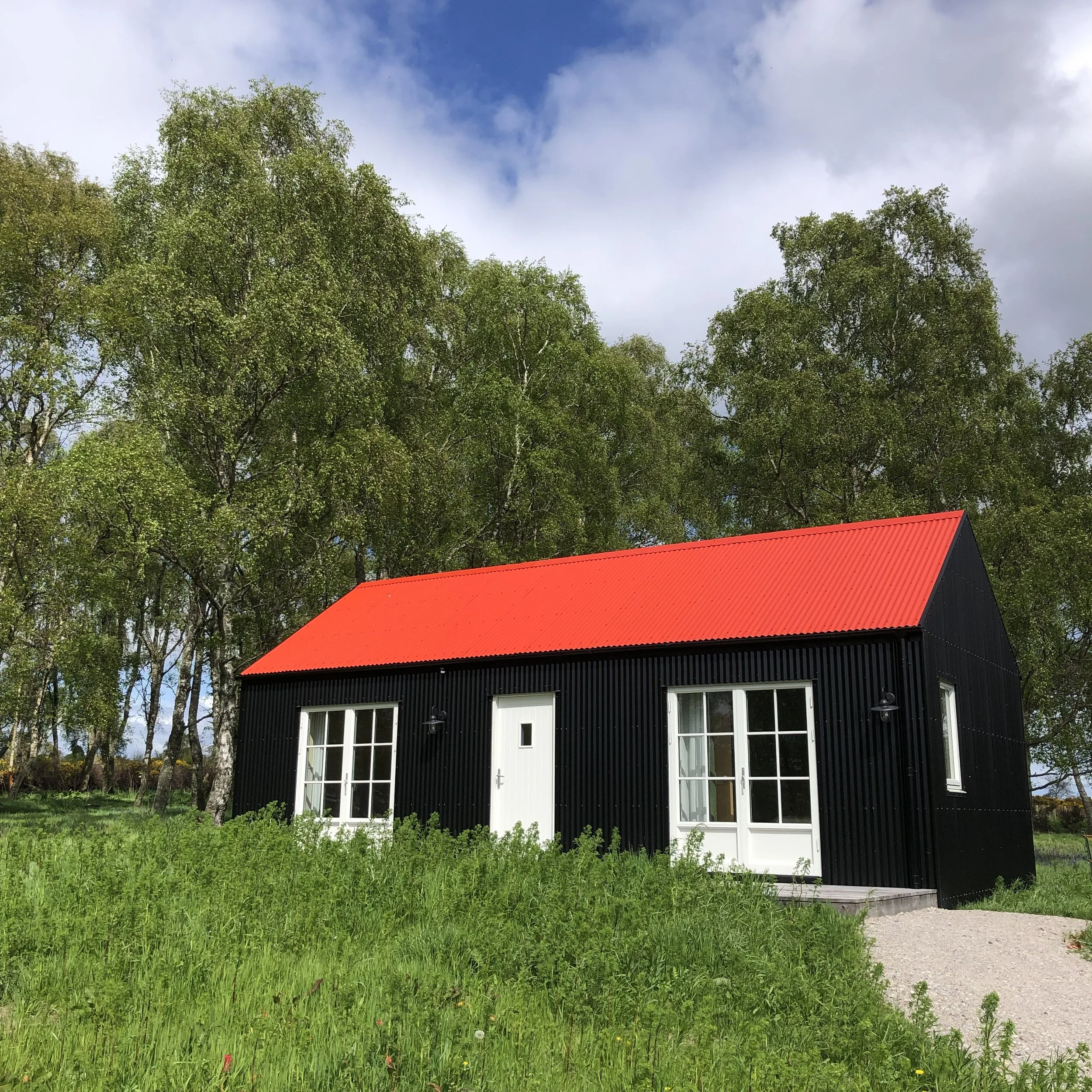 black tin cabin with red roof in meadow and birch forest Scottish Highlands