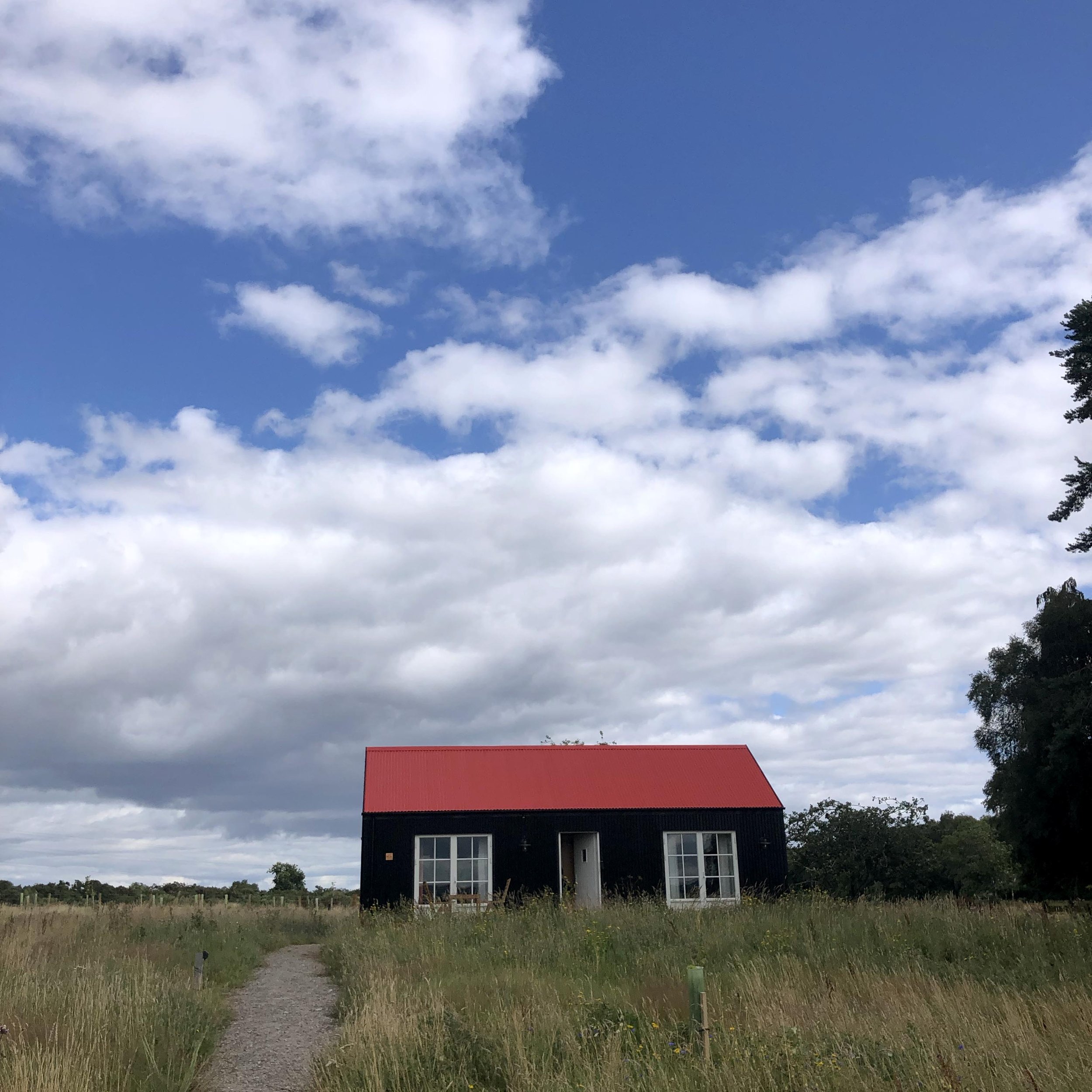 cabin with red roof in meadow with blue summer sky and clouds
