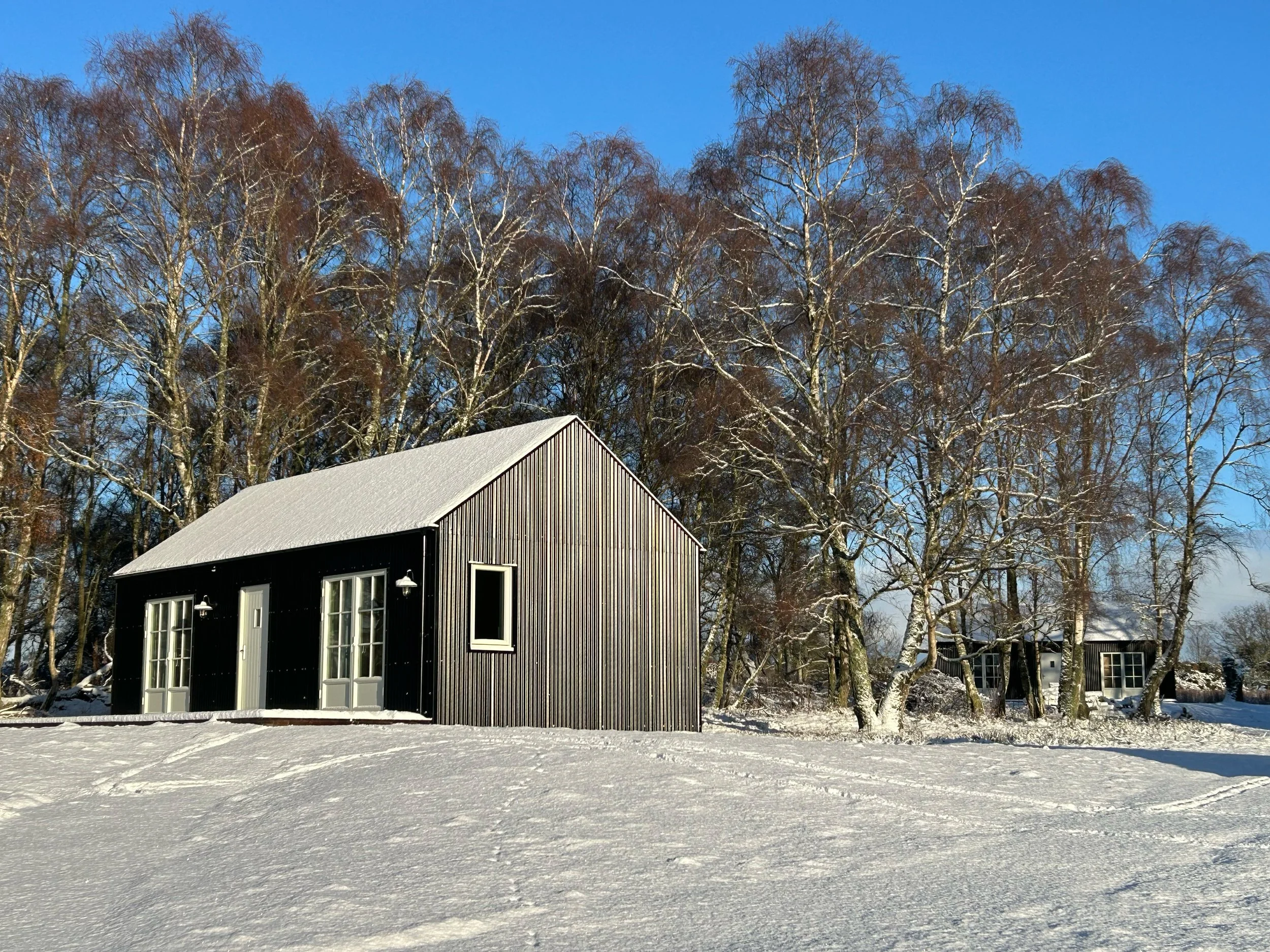 black tin cabin in snow beside birch forest in Scottish Highlands