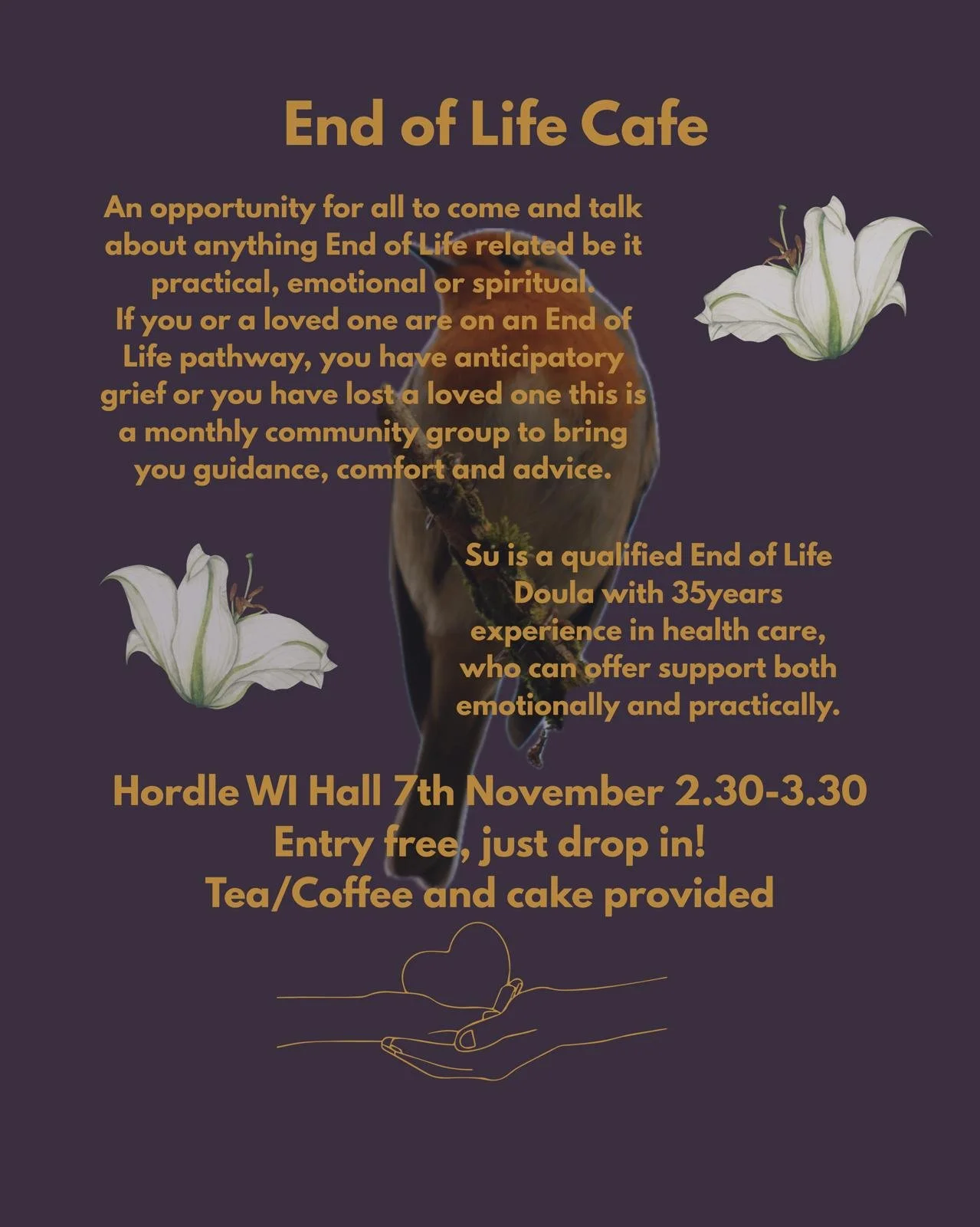 Poster for su's end of life cafe in Hordle, New Forest