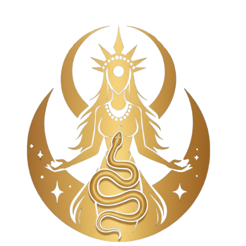 A celestial goddess with a crown, multiple arms, and a snake around her waist, depicted in gold and surrounded by a crescent moon and star motifs.