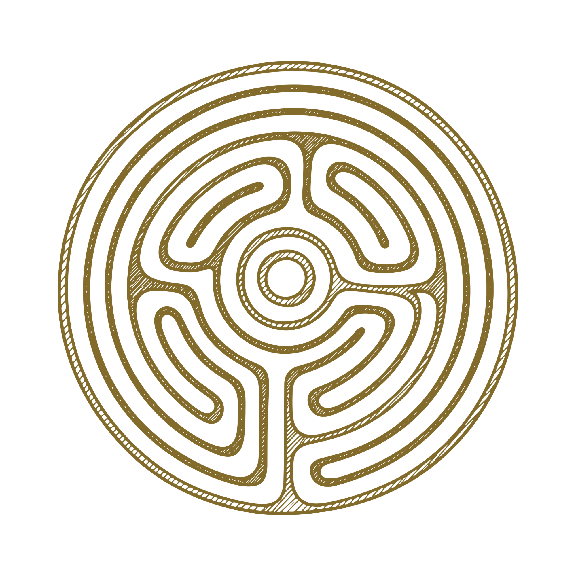 A gold-colored labyrinth maze on a black background with concentric circular pathways.