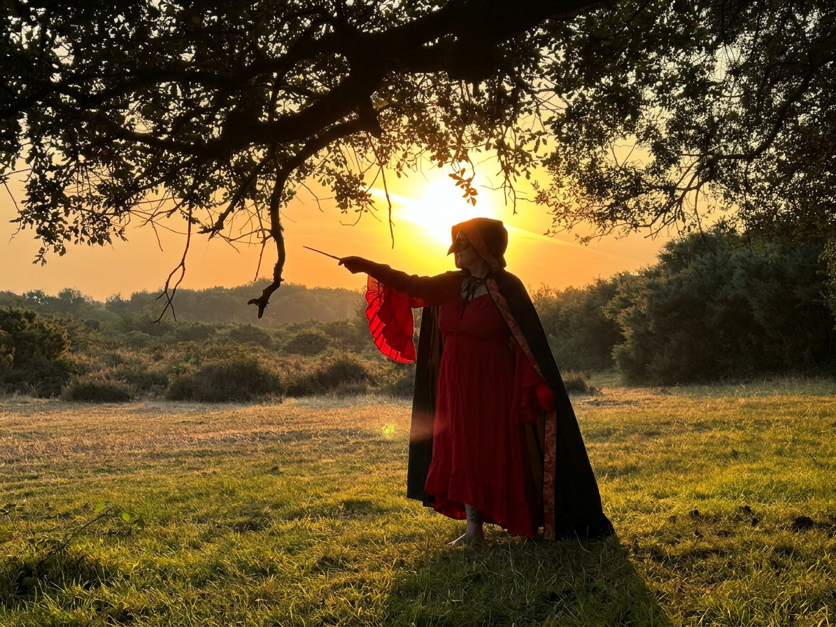 A priestess in red ceremonial dress and cloak raising a wand toward the sunrise beneath an oak tree, a priestess embodiment ceremony