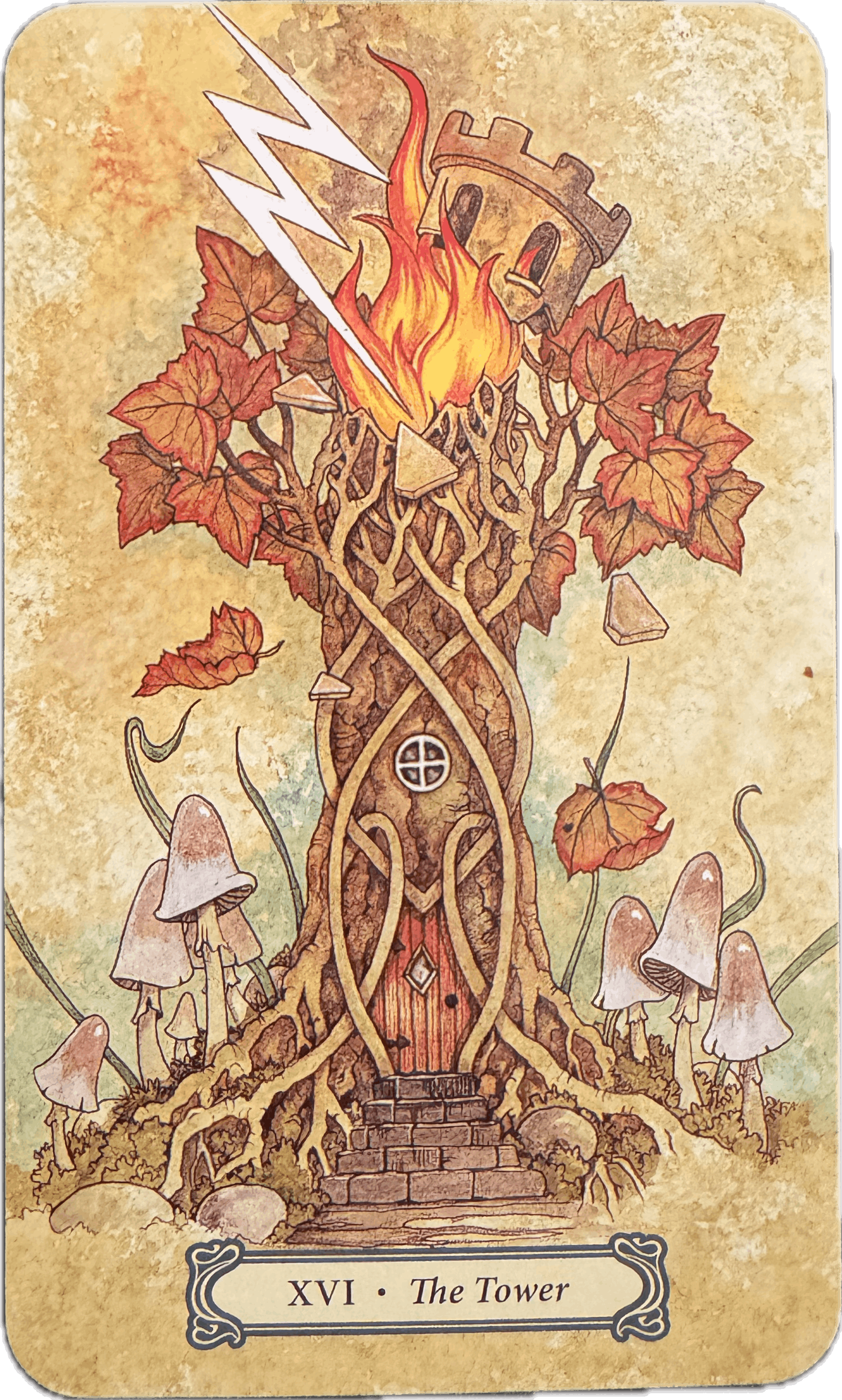 The Tower tarot card XVI showing a fairy-tale tree tower struck by lightning with fire and autumn leaves