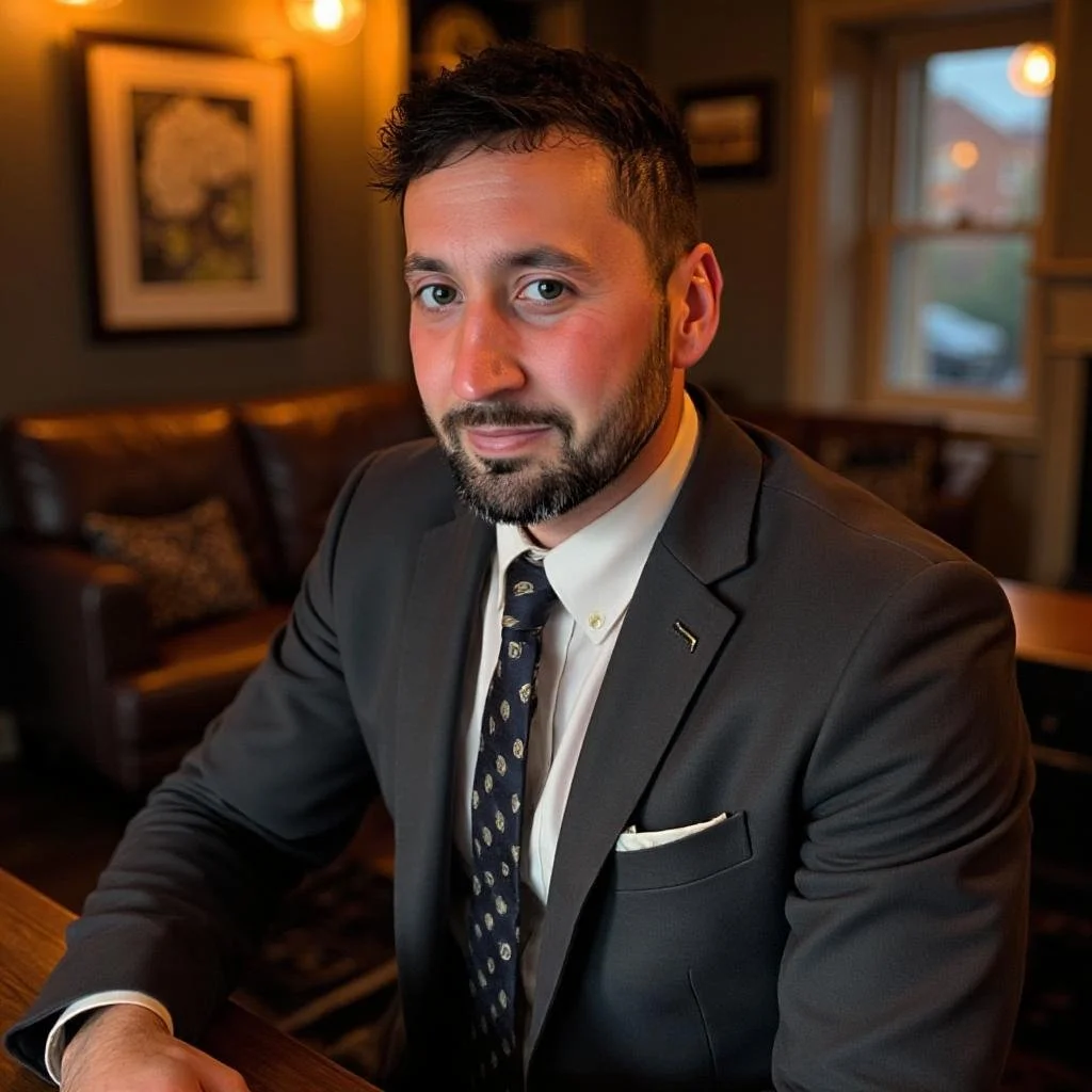 A man with short dark hair and a beard, wearing a dark suit, white shirt, and patterned tie, sitting at a wooden table inside a warmly lit room with framed pictures on the wall and a window showing a building and trees outside.