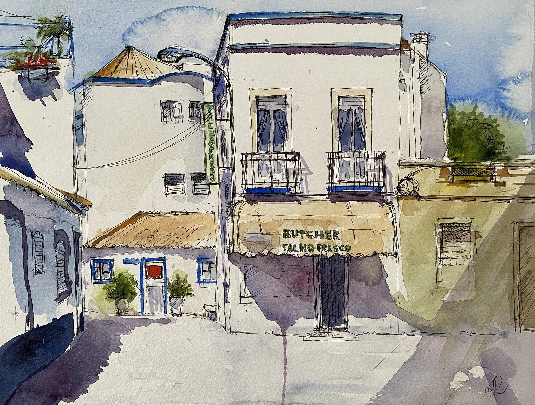 Watercolor painting of buildings in a neighborhood with blue sky, trees, and a rooftop terrace with plants.