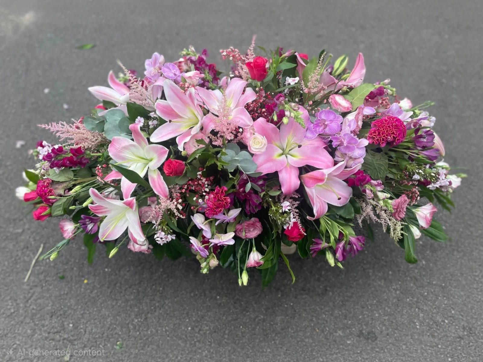 A large bouquet of pink, purple, and white flowers including lilies, roses, and other mixed blossoms placed on a dark pavement surface.