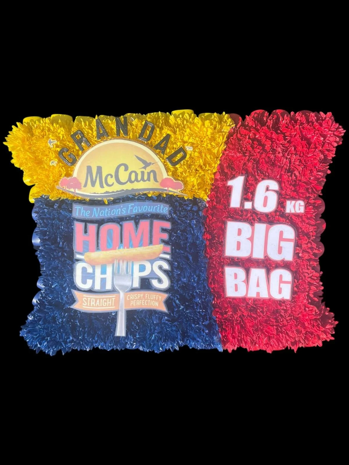 Colorful floral decorative sign with text about McCain French fries and a bag size of 1.6 kg.