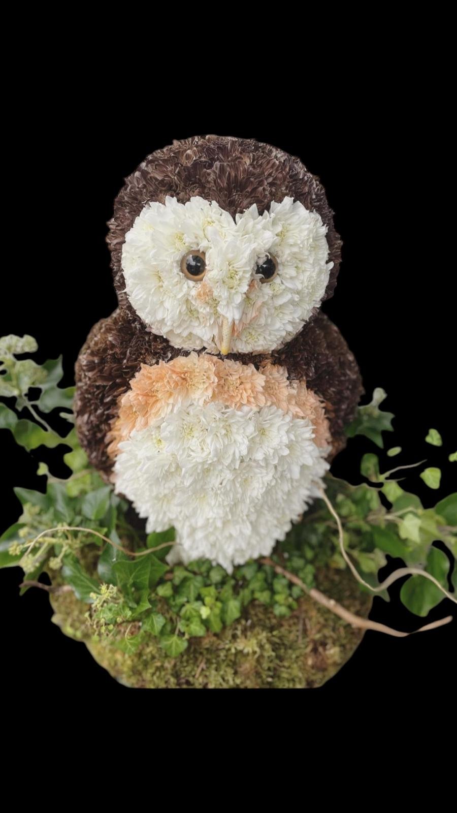 An owl sculpture made from layered flowers with a black background, surrounded by green ivy.