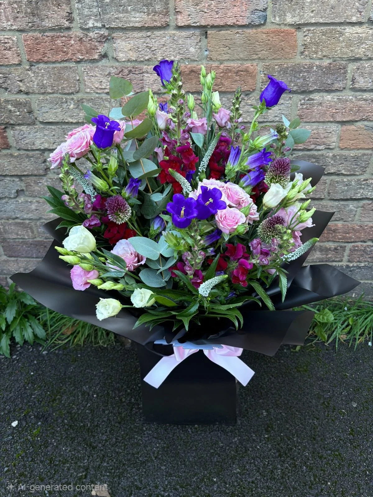 A colorful bouquet of mixed flowers, including purple, pink, white, and red blossoms, wrapped in black paper with a pink ribbon, placed on an outdoor surface against a brick wall.
