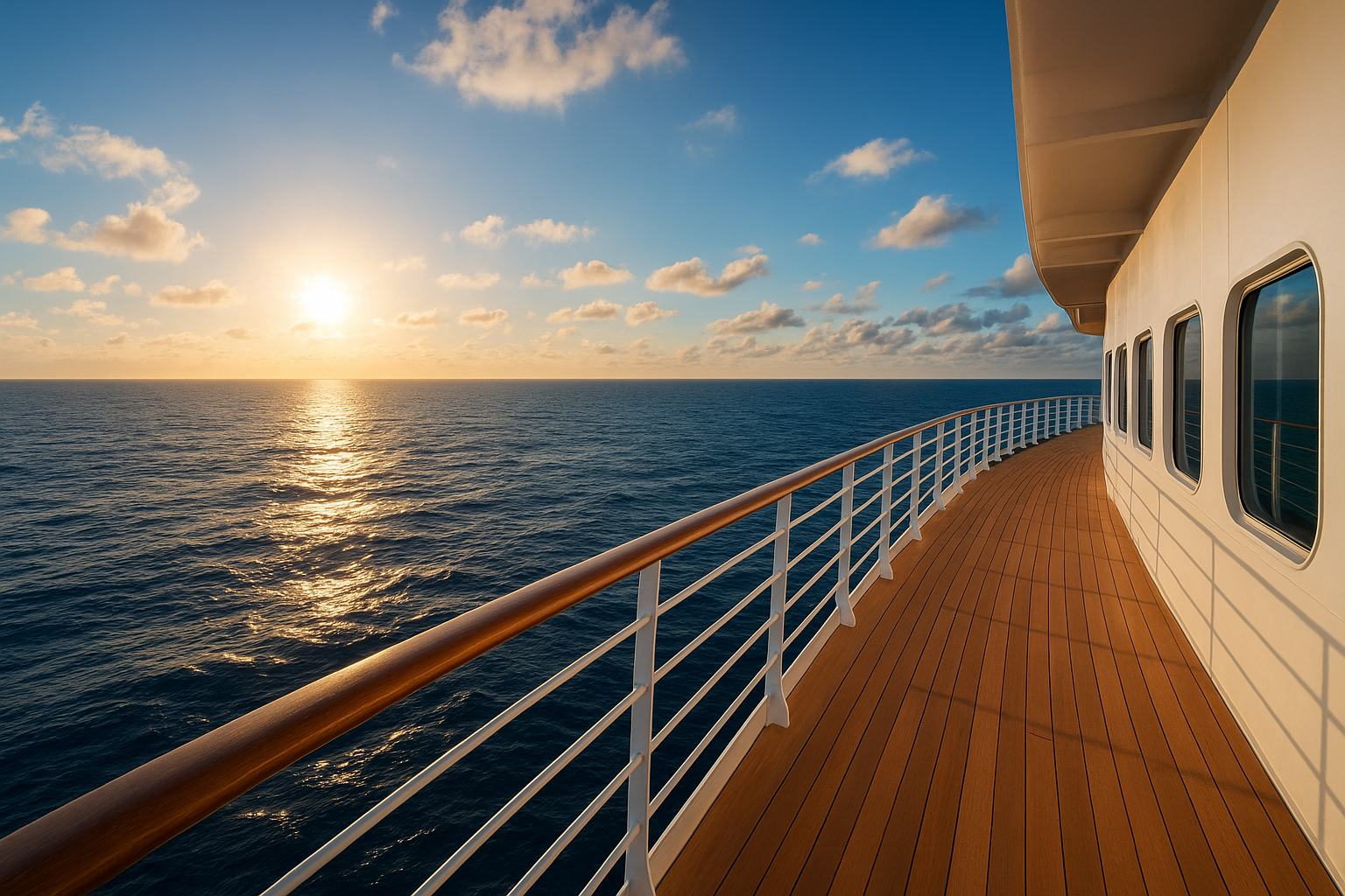 Auf Deck eines Kreuzfahrtschiffs bei Sonnenuntergang, Blick aufs offene Meer, ruhige Wellen, teilweise bewölkter Himmel, seitliche Fenster des Schiffes.