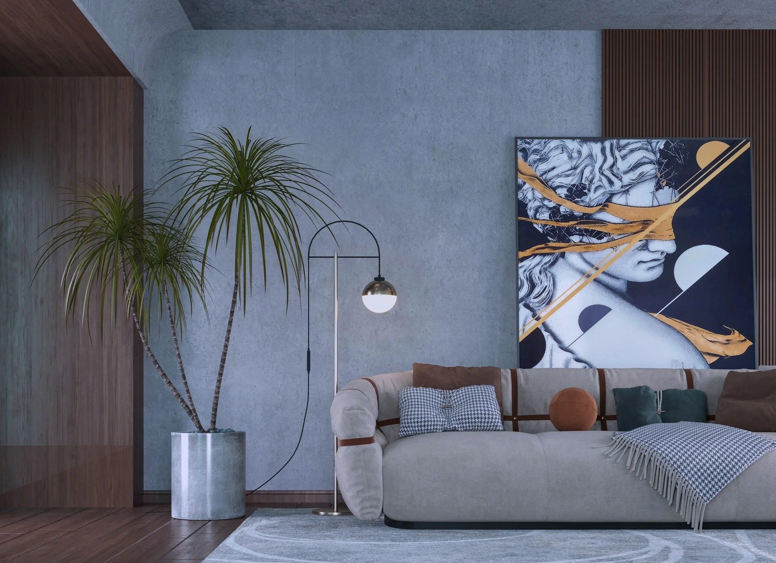 Modern living room with a beige couch decorated with various pillows and a throw blanket, a tall potted plant, a standing lamp, and a large abstract artwork on the wall.