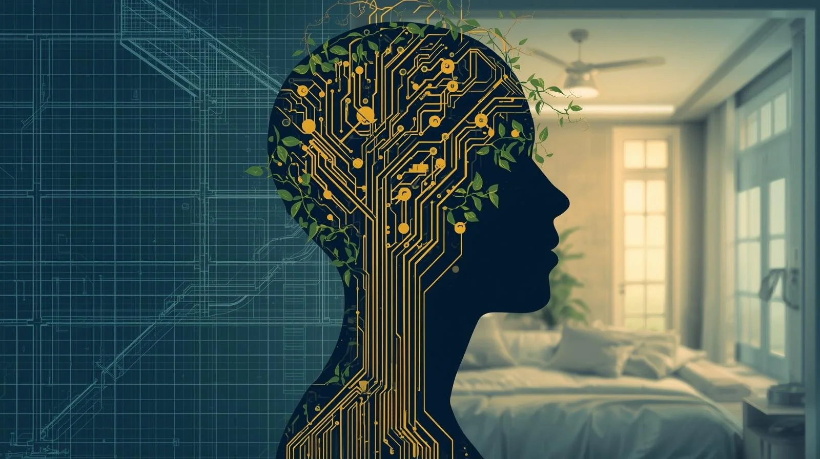 A high-quality conceptual illustration of a human silhouette being gently rebuilt with glowing golden circuitry and soft organic vines. In the background, a blueprint-style architectural grid transitions into a war.jpg